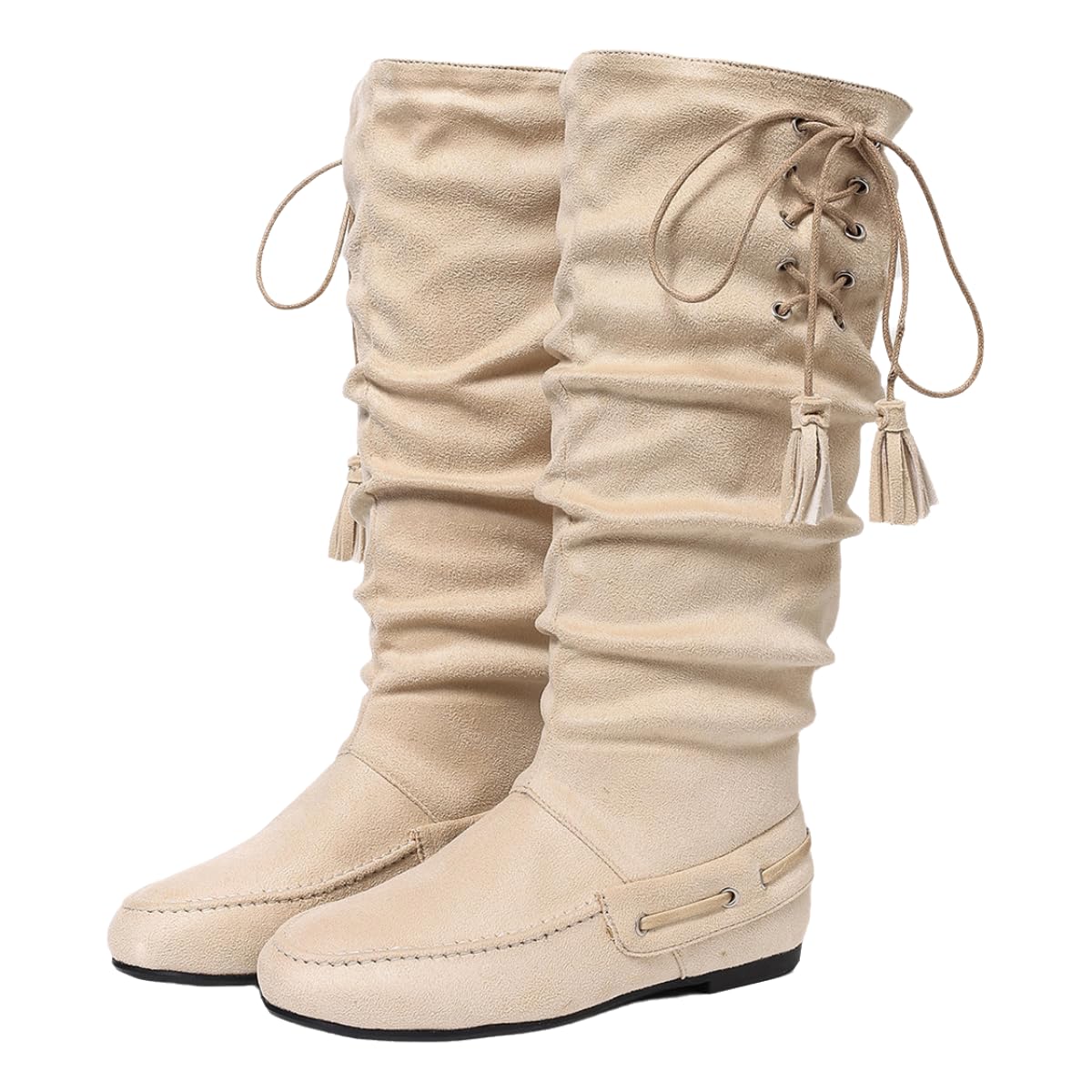 Womens Western Slouch Knee High Boots with Fringe Contrast Stitching and Rope Ties - Flat Heel Comfort Boots