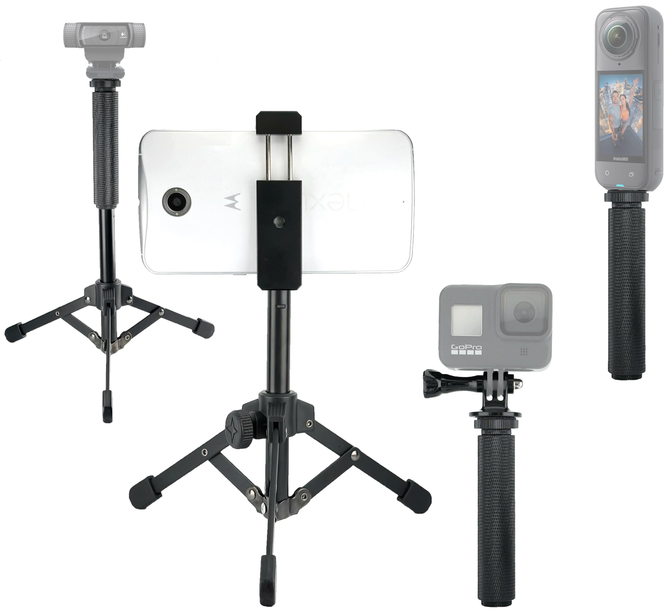 Portable Travel-Stand-Kit for iPhone Webcam Camera,Vlogging Kit with Phone Holder, Hand Grip Stabilizer, Tripod, Compact Mount Kit Compatible with Gopro insta360 DJI for YouTube Tiktok Streaming