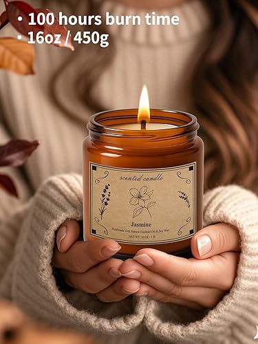 Miniatura 4 de Velas perfumadas para el hogar, vela perfumada en tarro grande de 16 onzas, vela de cera de soja de jazmín con 100 horas de tiempo de combustión,