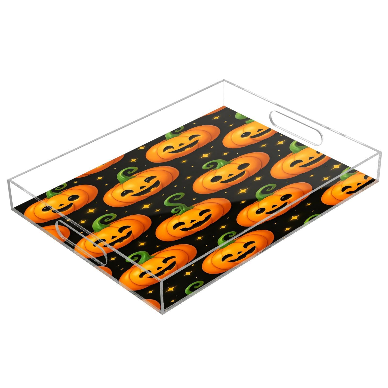 BOESI Cute Graffiti Halloween Pumpkin Acrylic Decorative Dining Tray, Acrylic Decorative Tray Organizer with Handle for Kitchen, Dining Room, Bathroom, Dresser