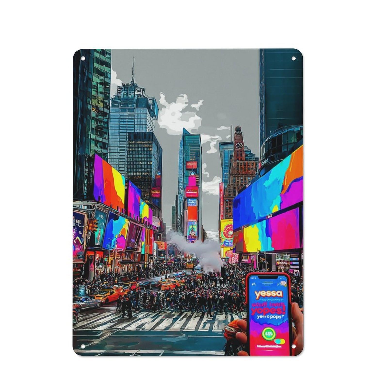 Classic Metal Plaque 40x30cm Featuring Times Square A Vibrant Urban Landscape, Bistro Wall Plaque for Kitchen, Cafe, Pantry Or Dining Room