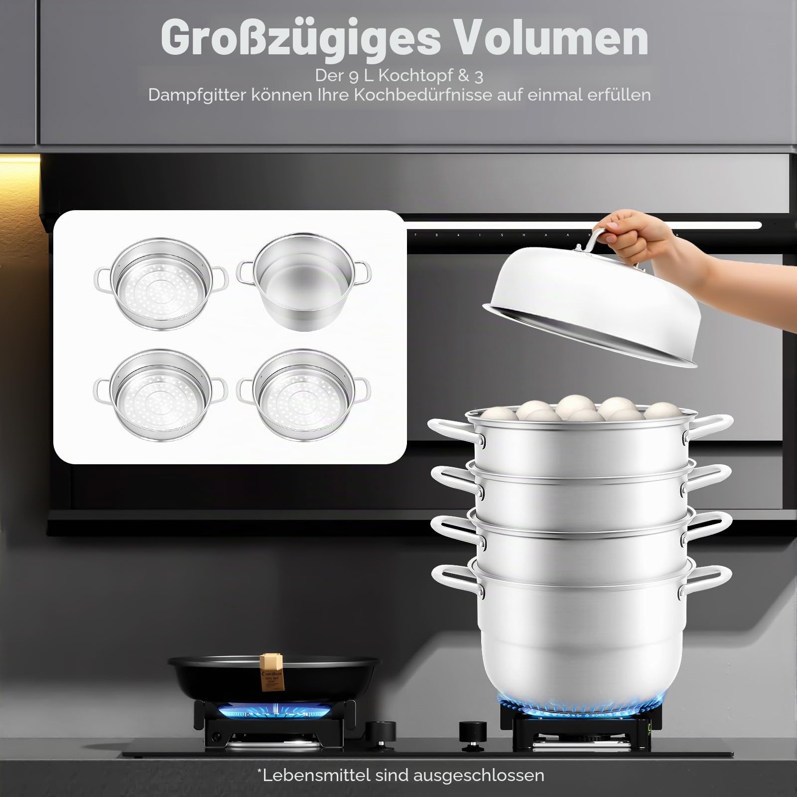 5 Etagen Dampfgarer Edelstahl 304 Stackbar, 9L Dampfkochtopf mit Glasdeckel, Mantowarka Gardampftopf, Großvolumen Dämpfeinsatz, für Induktion, Gasherd