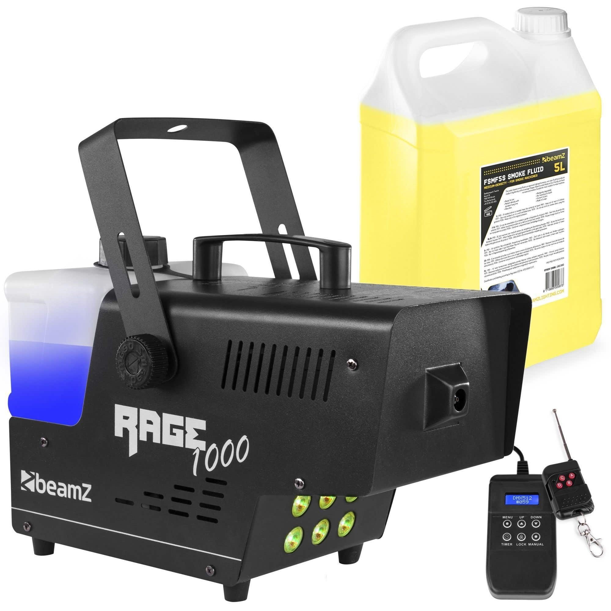 BeamZ RAGE1000LED Nebelmaschine mit Flüssigkeit, 1000 Watt Fogger inkl. 5L Nebelfluid, DMX Rauchmaschine mit Lichteffekt, Intervall Fog Machine, Funkfernbedienung, 2 Liter Tank, Timer, Partyrauch