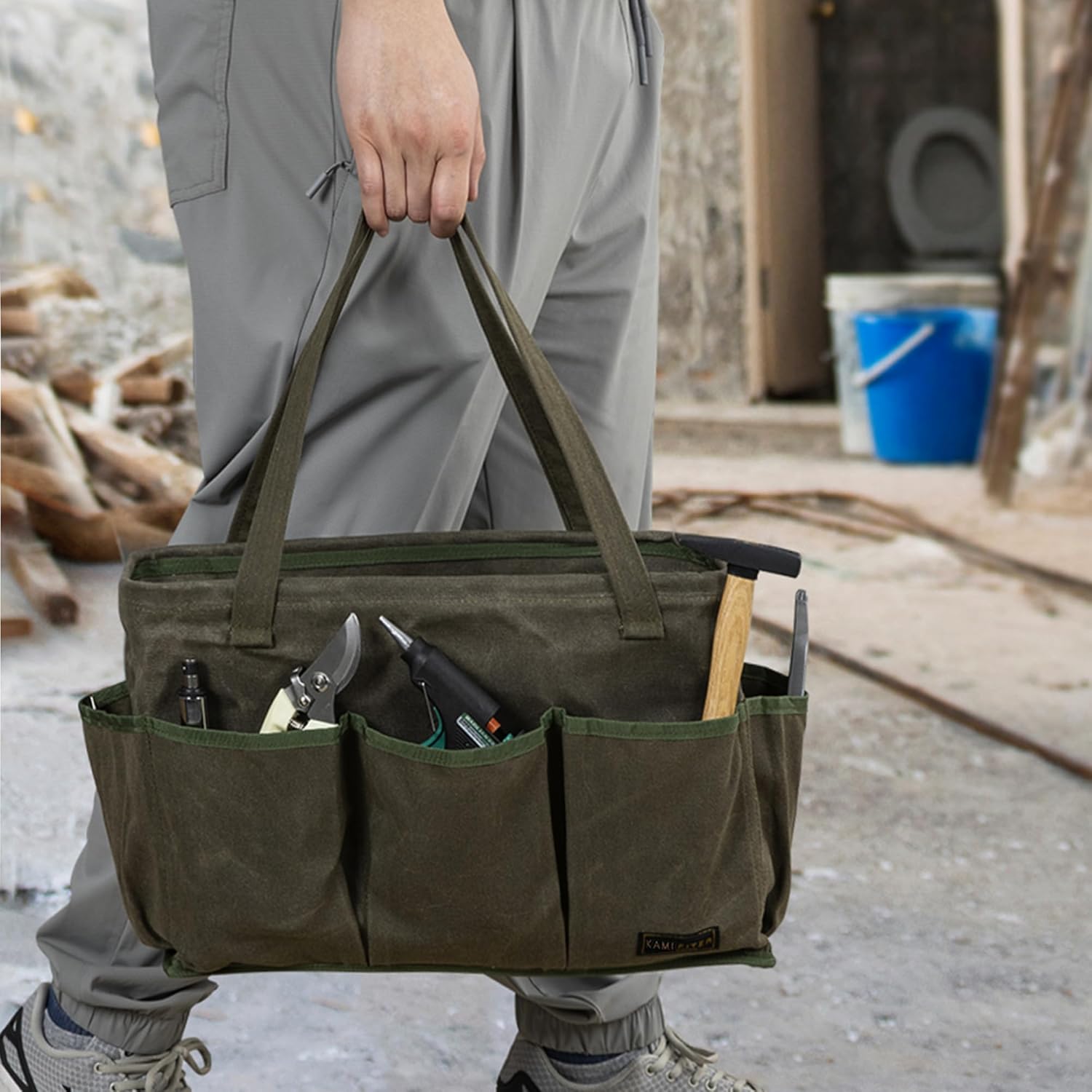 Tool Bag with Metal Frame, Waxed Canvas Wide Open Top Tool Tote Bag with 10 External Pockets, 15.5 x 7.5 x 10.5 Inches (ArmyGreen) - Image 5