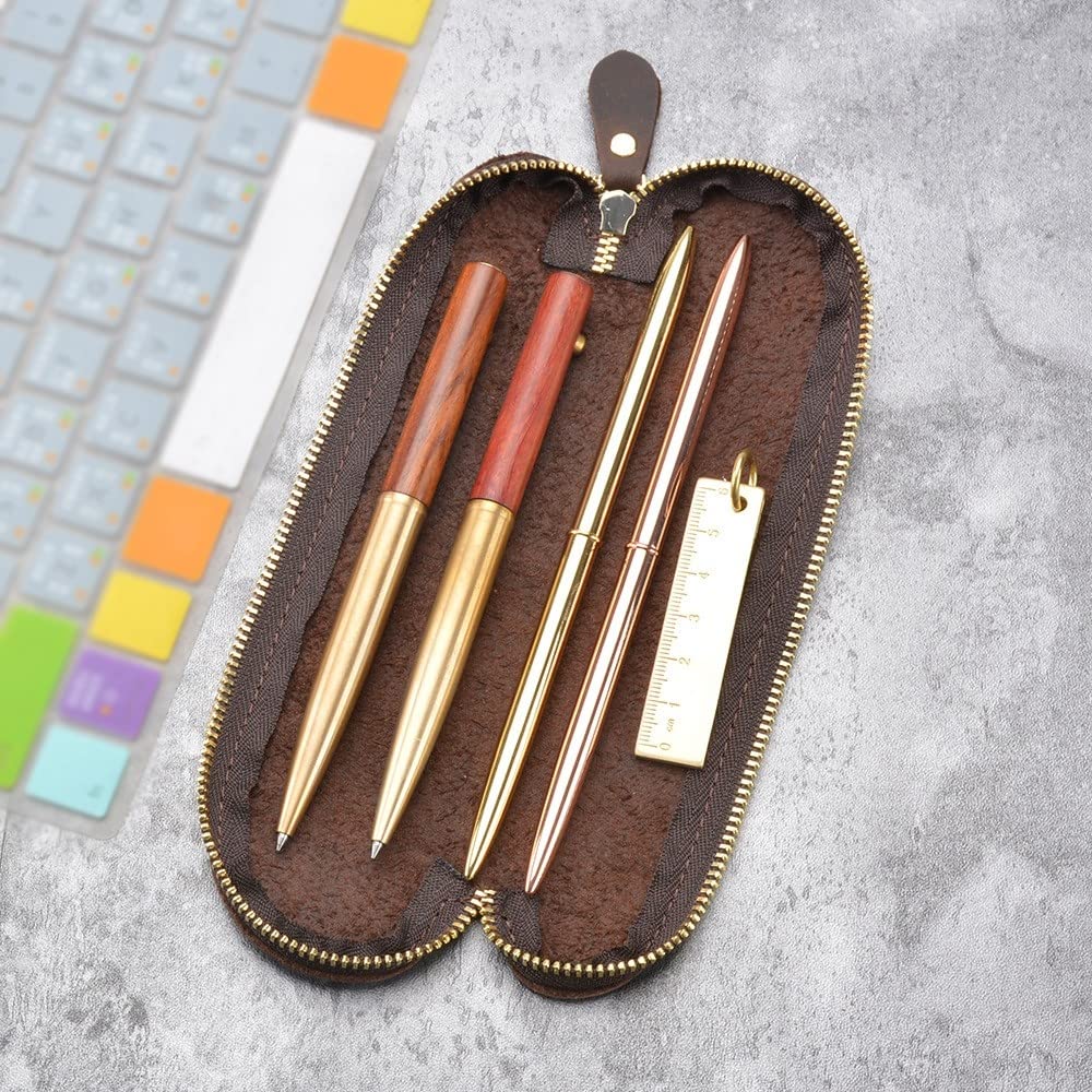 DONGKER Leather Pen Case, Vintage Zippered Pencil Pouch Pen Holder Case Can Hold 6-8 Pens for Work Office - Image 2