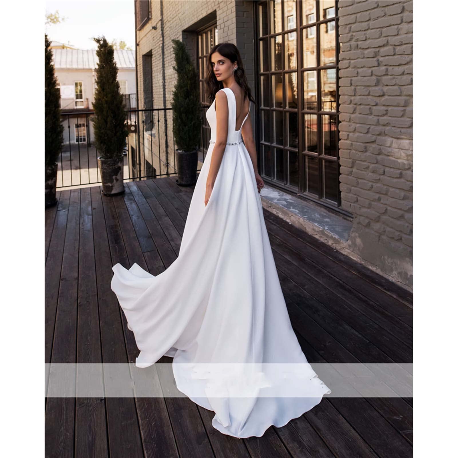Vestido de Sirena sin Mangas de Satén de Boda Doble Cuello V Vestido de Noche de Boda, Blanco, 16