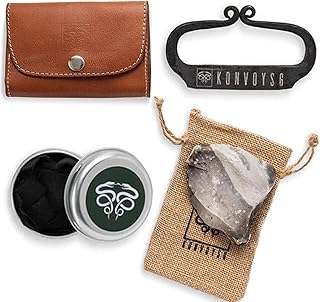 KonvoySG Carbon Steel Fire Striker, English Flint Stone & Char Cloth Traditional Hand Forged Fire Starter, Leather Gift Kit with Emergency Tinder Jute Bag