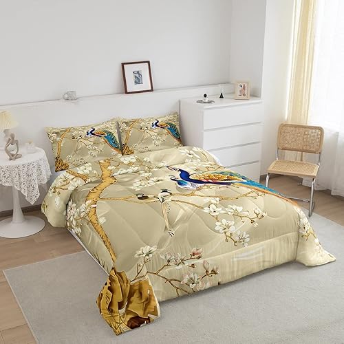 Miniatura 2 de Feelyou Juego de edredón de pavo real con estampado floral para niños adultos y niñas juego de edredón botánico de animales 1 juego de edredón con 2