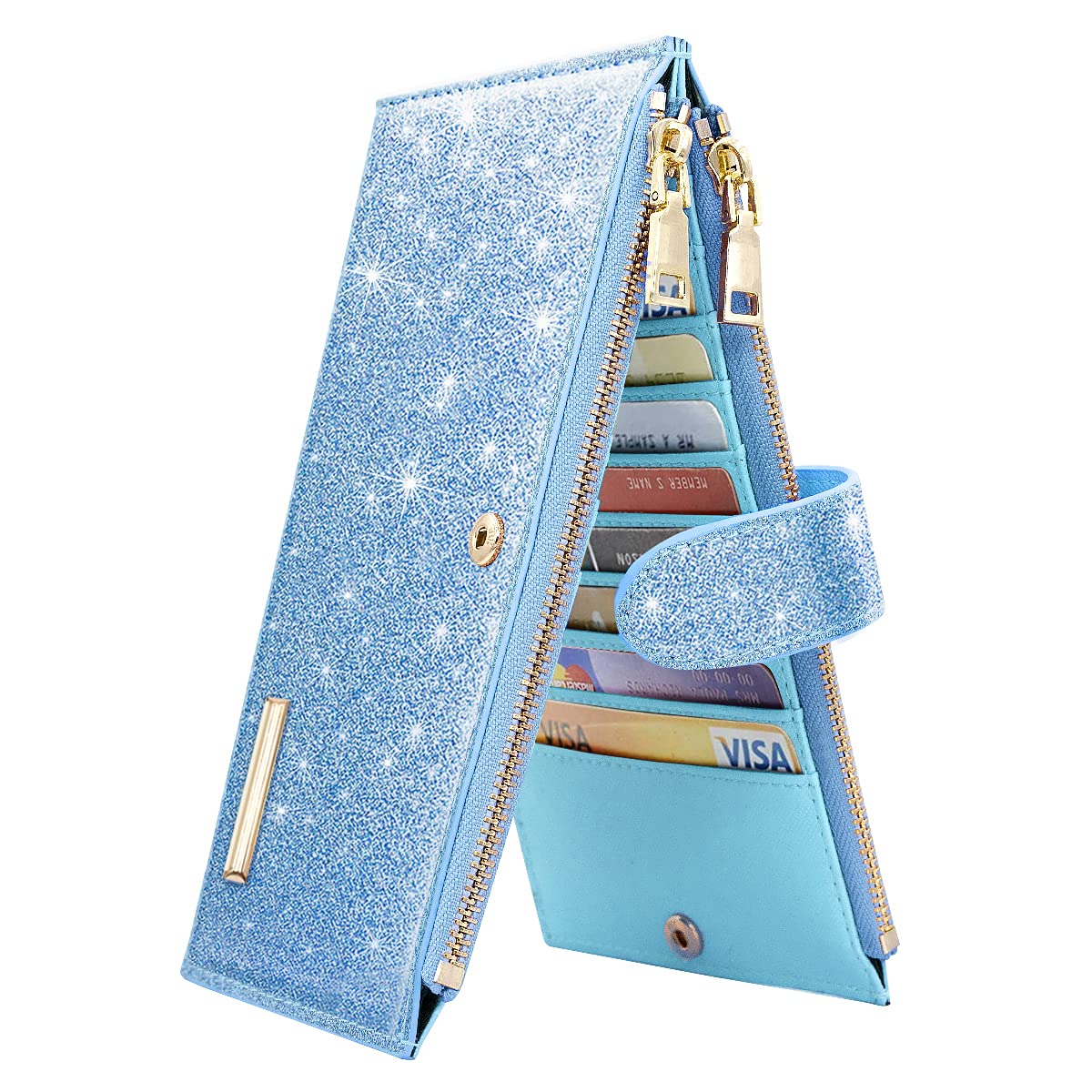 Coco Rossi Womens RFID Blocking Glitter Leather Multi Card Organizer Bifold Black Wallet with Zipper Pocket,Blue Glitter