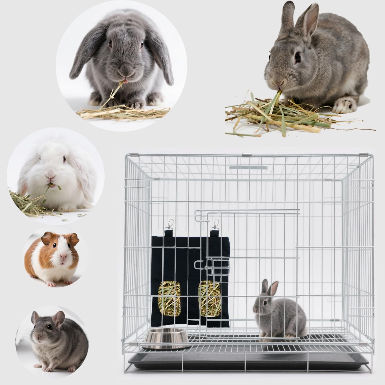 Kaninchen-Heu-Futterstation zum Aufhängen, Meerschweinchen, Heu-Futterstation mit 2 Löchern für Chinchilla, Hamster, Kaninchen, Kleintiere, Aufbewahrungstasche, Schwarz