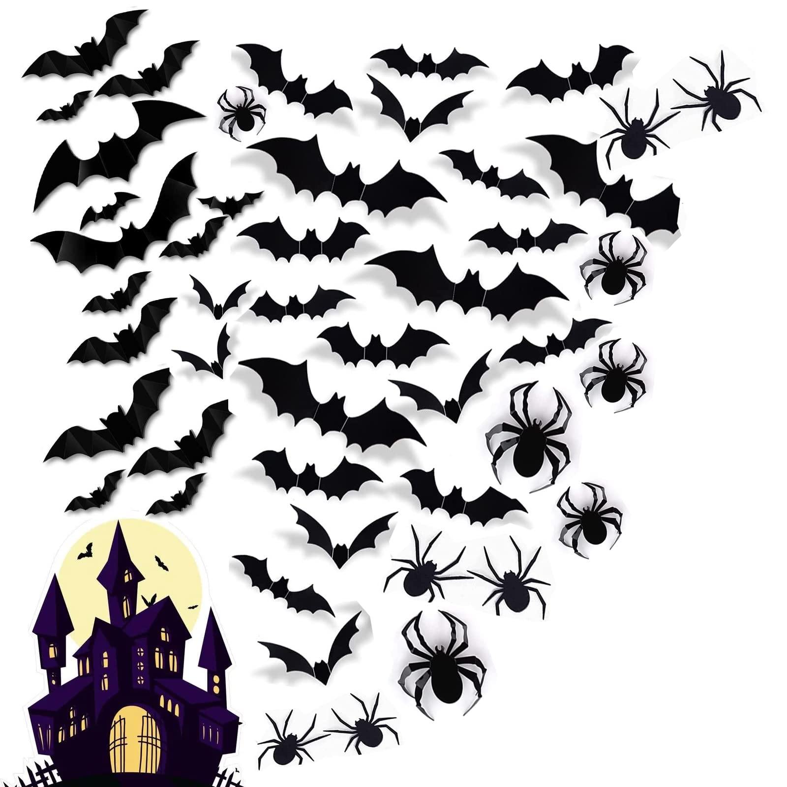 124 Pcs Halloween Party Decoration Decal Wall Sticker, DIY PVC 3D Decorative Bats Spider, 11 Different Sizes & Design, 3D Bat Halloween Decoration Stickers for Home,Wall,Indoor & Outdoor Party Décor