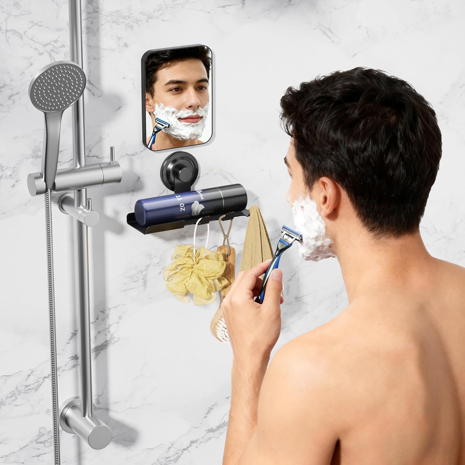 Suction Cup Razor Holder for Shower - Suction Cup Hooks for Shower, Black – Damage-Free Hooks for Men’s Grooming Organizer, Holds Razors, Towels, Shaving Cream Shelf, Strong 5lb Hold