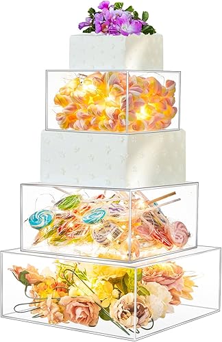 3 soportes cuadrados de acrílico para tartas, 3 niveles, transparente, rellenable, con cadena de luces LED, soporte para cupcakes con tapa para