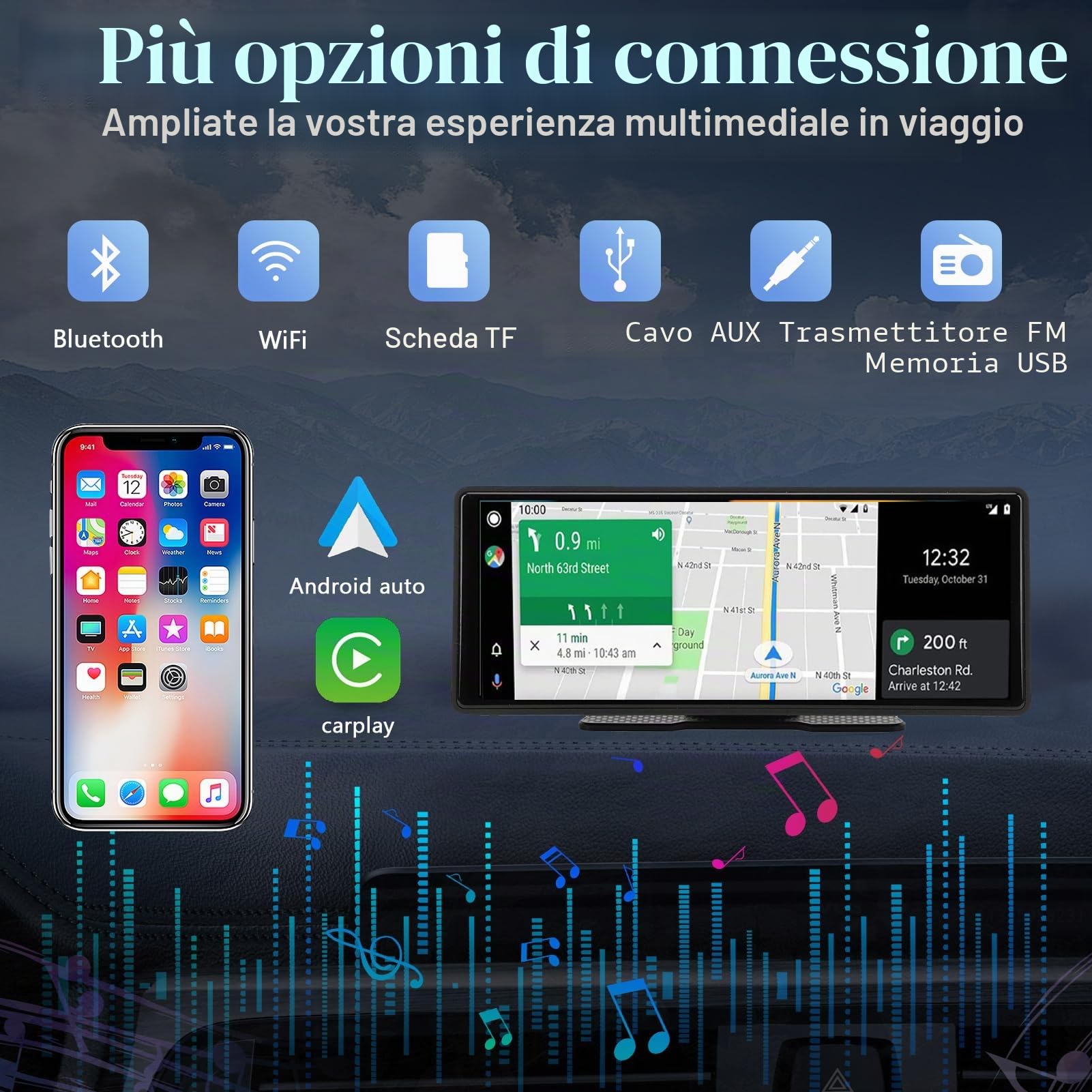 Pantalla Táctil Coche 10.26 Pulgadas, Navegación GPS, Estéreo Para Automóvil Compatibile con CarPlay, Android Auto, Bluetooth, Control por Voz, GPS, AUX y FM