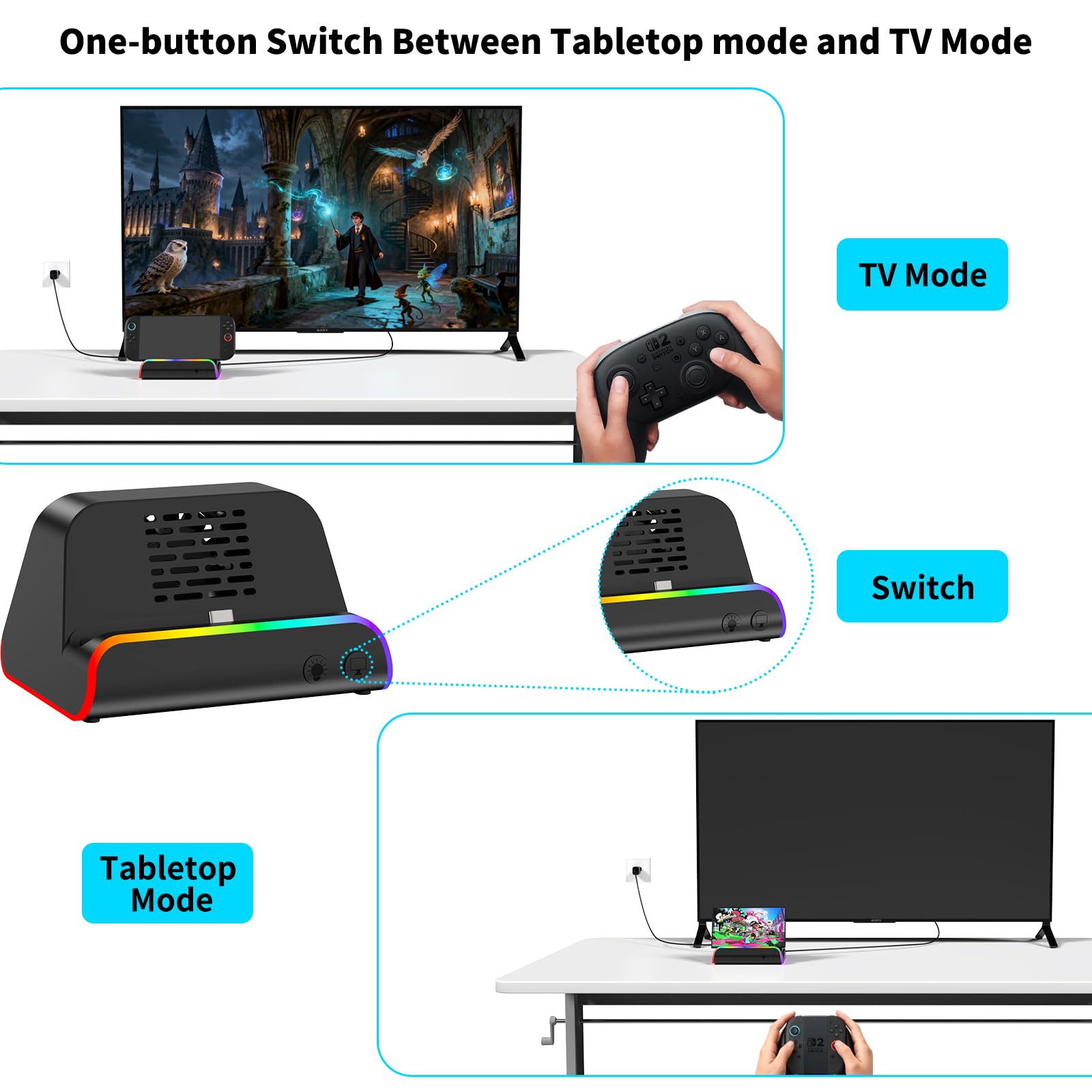 Switch 2 Dock, Docking Station for Switch 1/2, Charging Dock with 4K@120Hz HDMI Output/100W Charging Input/USB 3.0 /Cooling Fan — view 4