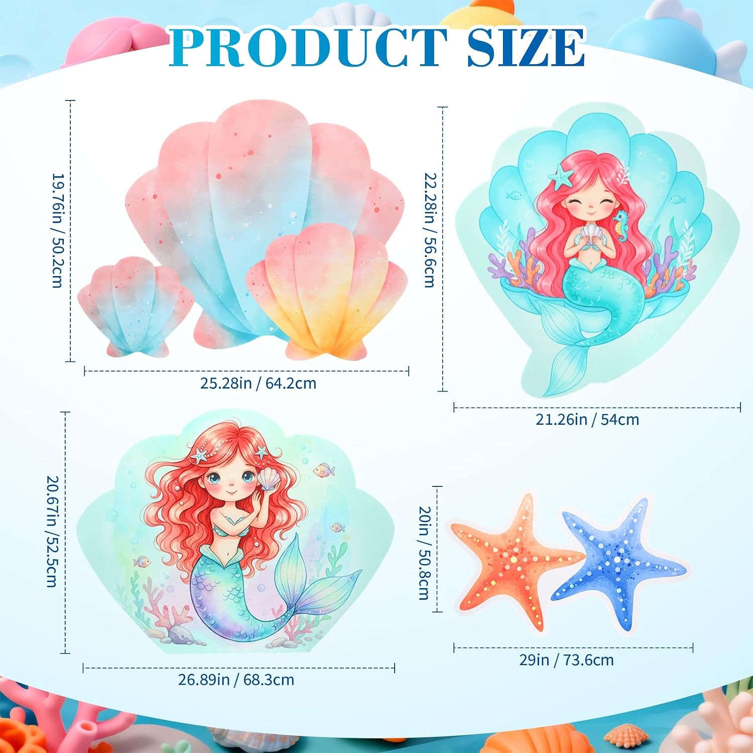 Honoson 4 Pcs Large 22" x 30" Mermaid Cardboard Cutouts Birthday Decorations, Under The Sea Ocean Standup Baby Shower Party Decoration Shell Yard Signs for Princess Photo Booth Props 4 Mermaid