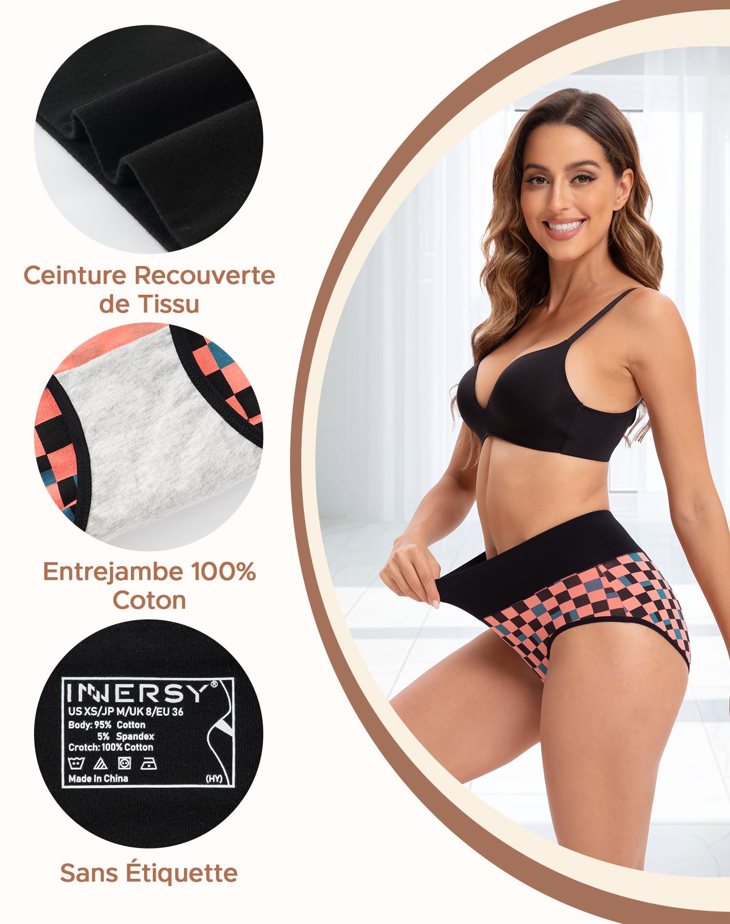 INNERSY Culotte Femme Coton Taille Haute Slip Élastique Shorty Confort sous-vêtement Doux Lot de 5