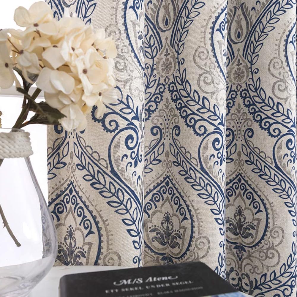 - jinchan Curtains for Bedroom, Room Darkening Curtains 84 Inch Length 2 Panels Set, Linen Textured Medallion Drapes for Living Room, Vintage Damask Pattern Window Treatments, Blue on Greige