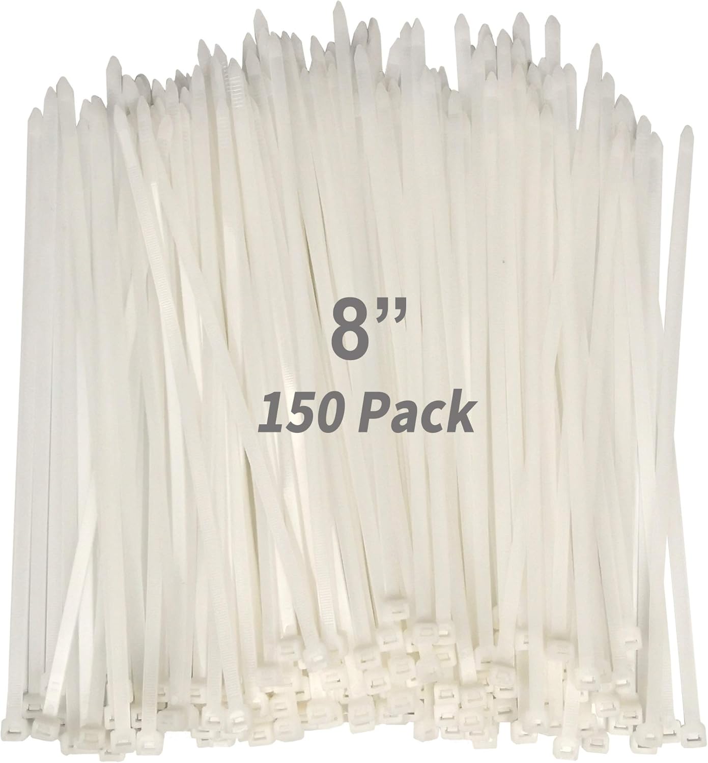 8" Cable Zip Ties (150 Pack), 8 Inch UV Black Nylon Cable Ties 50 LB Tension Strength for Organization & Wire Management (50 Ponds, 150 Pcs)