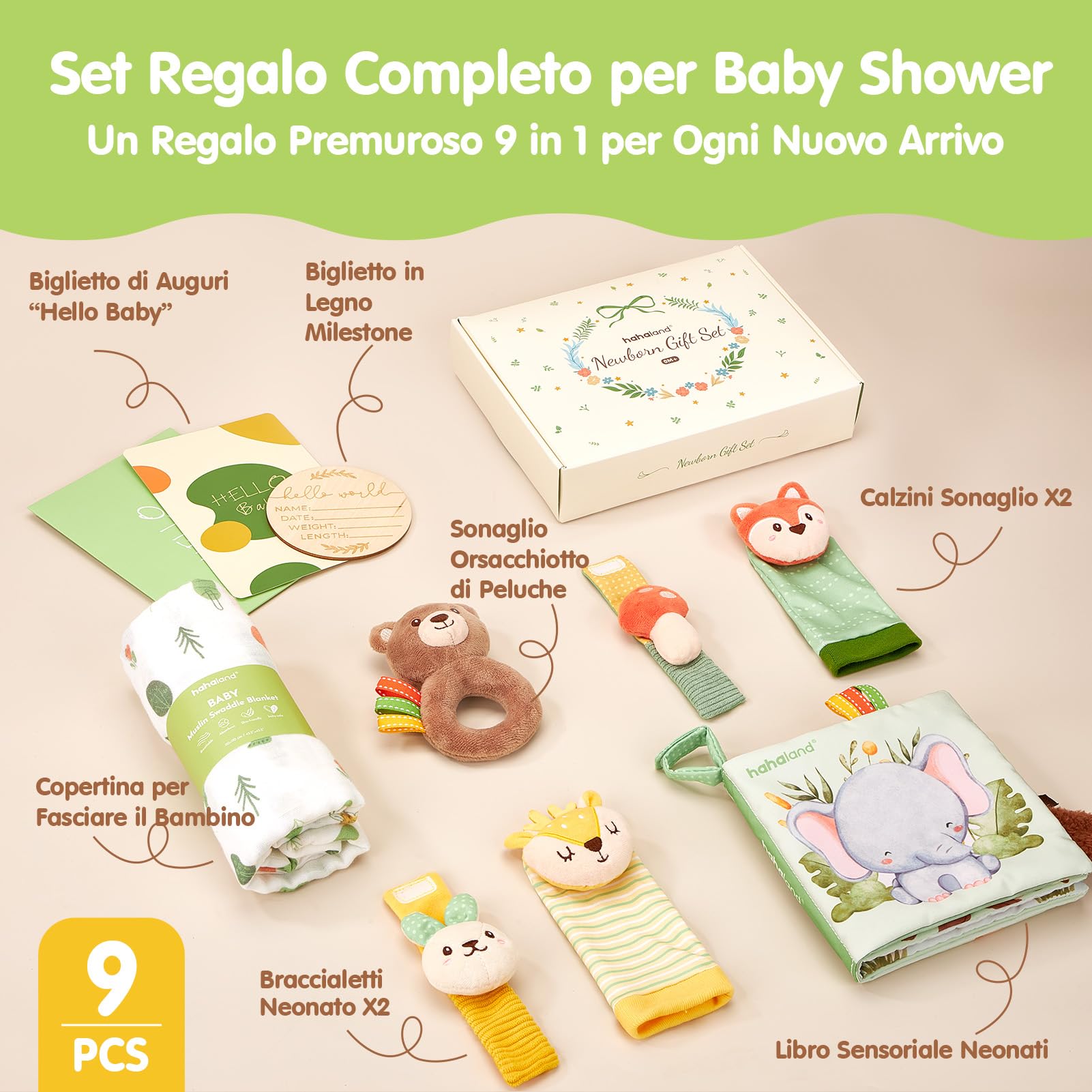 hahaland Regalo Nascita Bimba Bimbo - 9 in 1 Set Neonato Regalo Nascita con Libri Stoffa & Polso e Calzini Sonaglio Sensoriali & Mussole Neonato - kit Neonato per Baby Shower Unisex