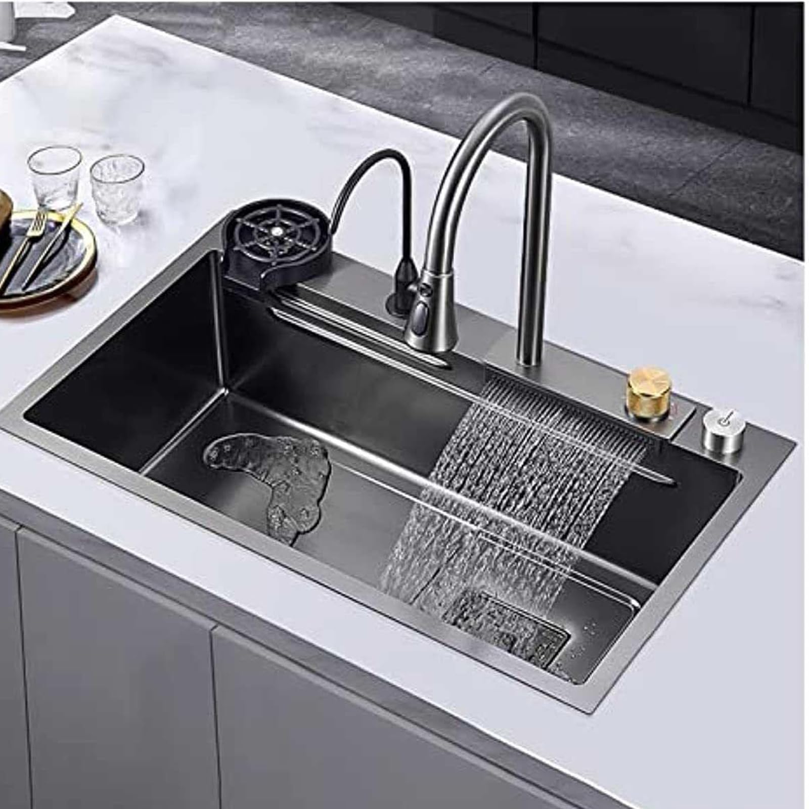 YADZISW Stainless Steel Kitchen Sink Waterfall Faucet - Multifunctional Vegetable Basin for Home Restaurant School 68x45x22cm Grey Finish