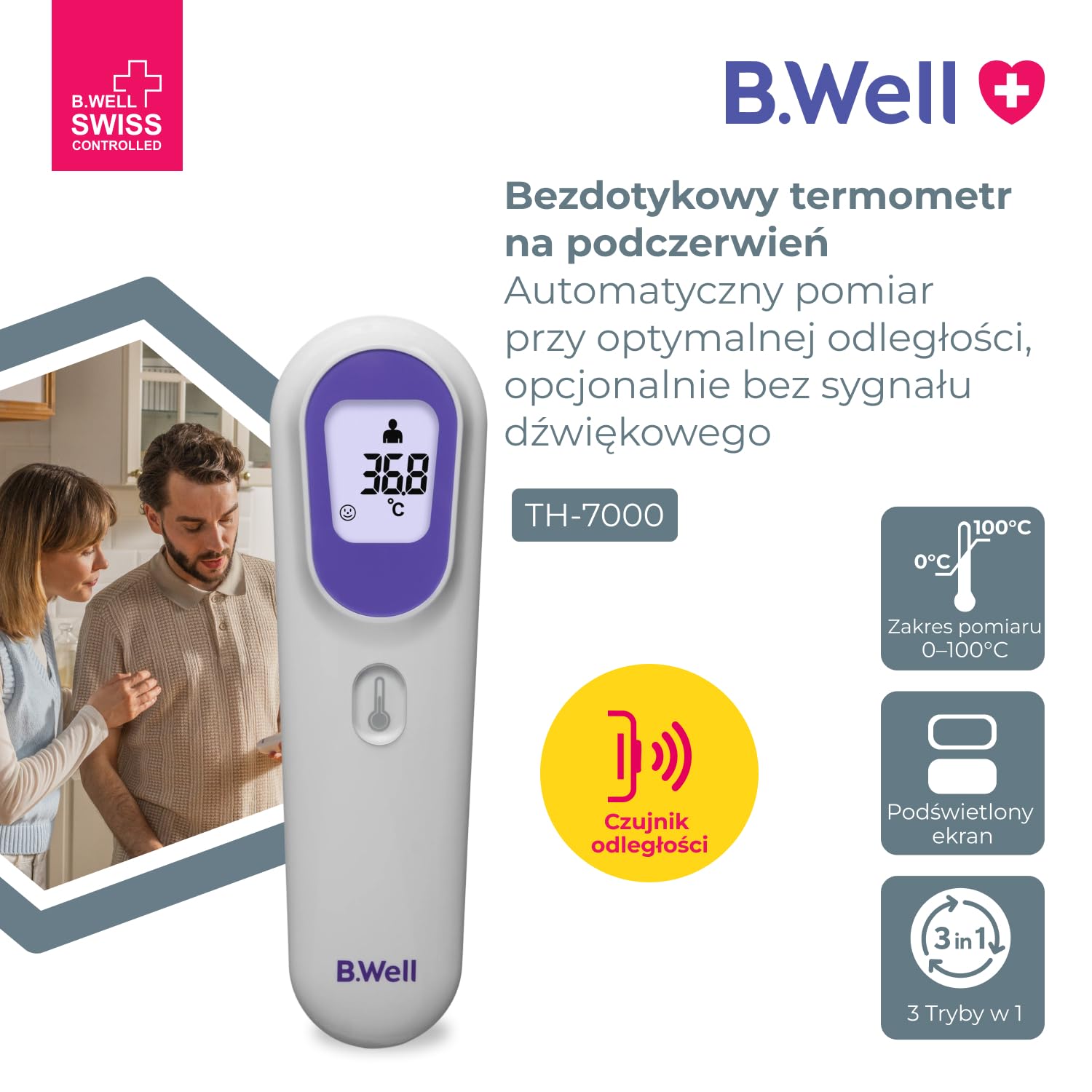 B.Well Swiss - TH-7000 bezdotykowy termometr na podczerwień 3 w 1, wyświetlacz LCD, tryb nocny, szybki pomiar, pamięć 10 wartości - niezawodny i szwajcarska jakość