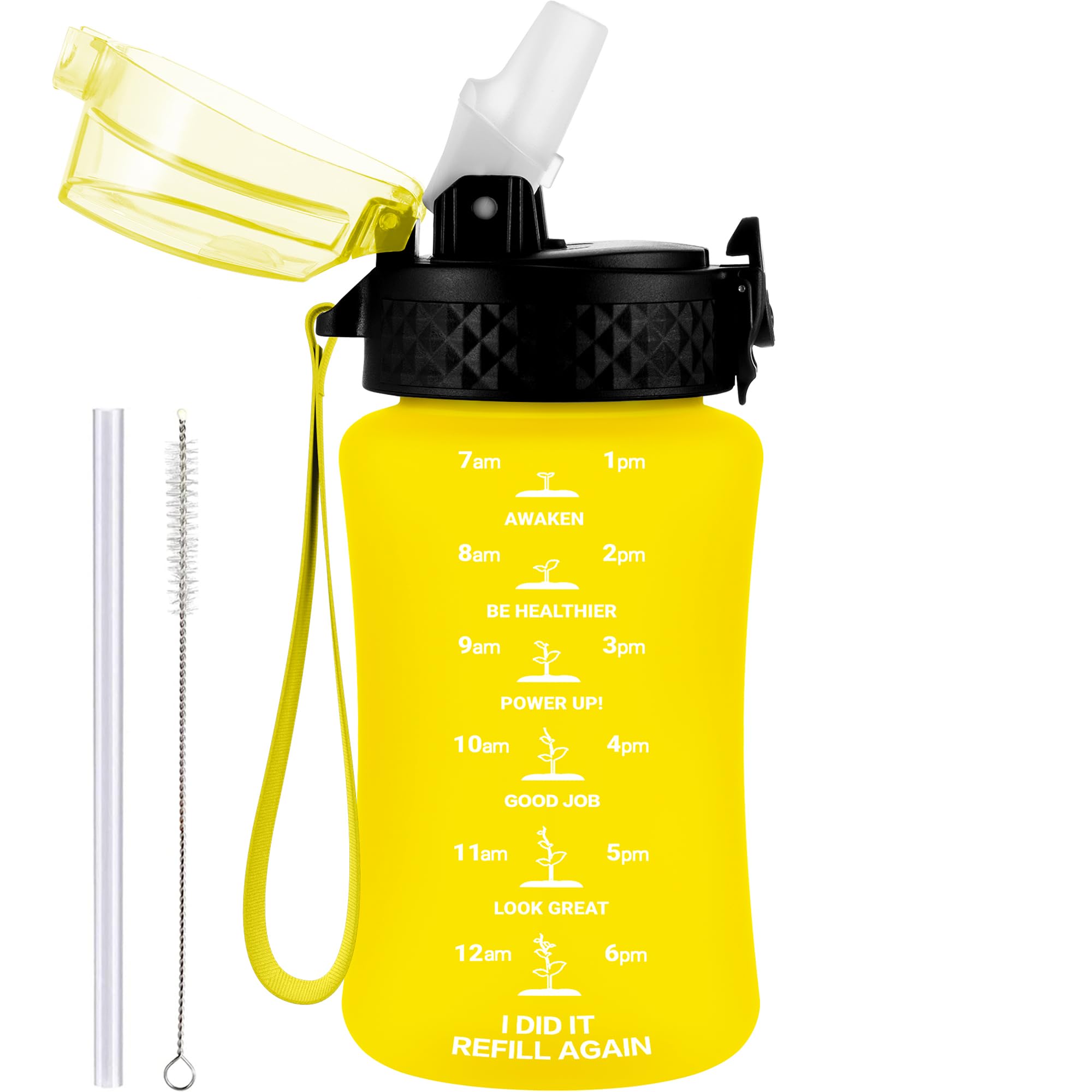 GOPPUS 350ml/12oz Kids Water Bottle With Straw Tritan Drinks Bottle with Strap Small Toddler Juice Bottles with Flip Top Lid Leakproof Children's Cup with Time Marking BPA free Girl Boy (Yellow) — image 1