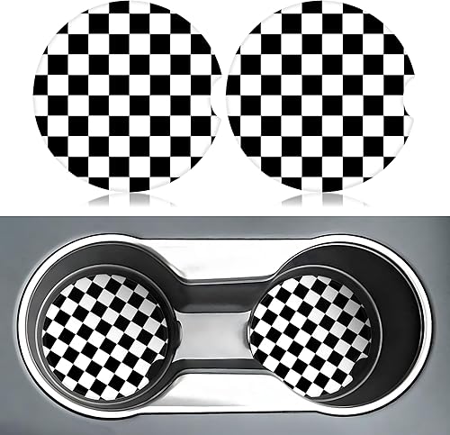 Miniatura 2 de Posavasos a cuadros negros y blancos para portavasos de automóvil, paquete de 2 posavasos de automóvil para automóvil, posavasos absorbentes de