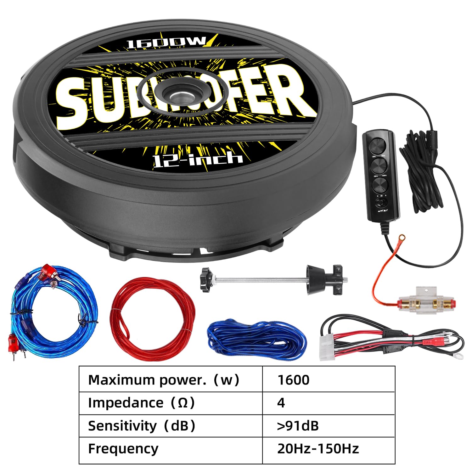 Subwoofer attivo da 30,5 cm, potenza 1600 W, subwoofer per auto Plug & Play con telecomando, appositamente progettato per pneumatici di scorta, amplificatore audio per bassi profondi, facile