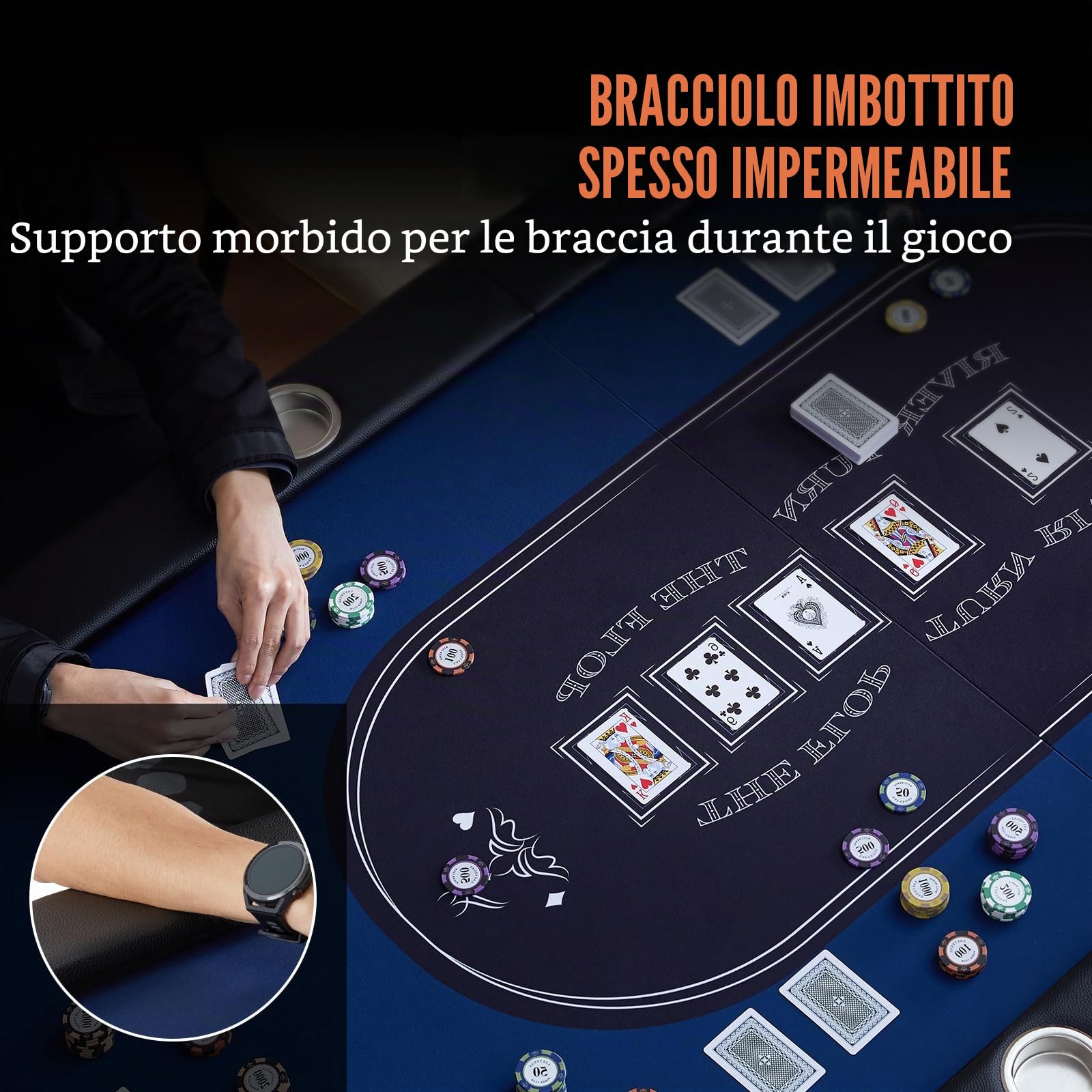 VEVOR Tavolo da Poker Pieghevole, 1830 x 820 x 720 mm, Nero e Blu, per 8 Giocatori, Copertura Antipolvere