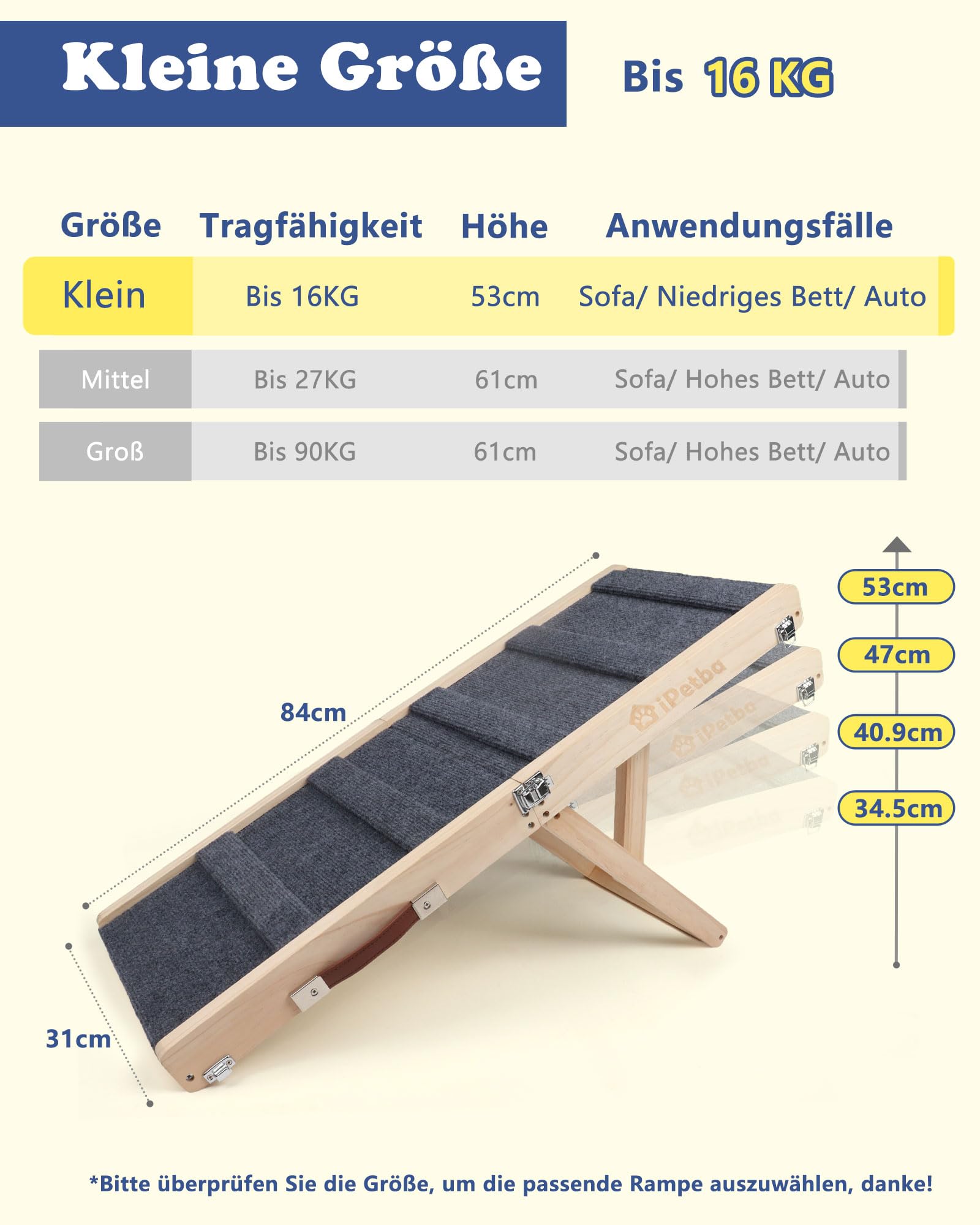 Hunderampe für Sofa und kleine Hunde bis 16 kg, Rampe für Couch und niedrige Möbel, aus Holz, höhenverstellbar, klappbar, rutschfest