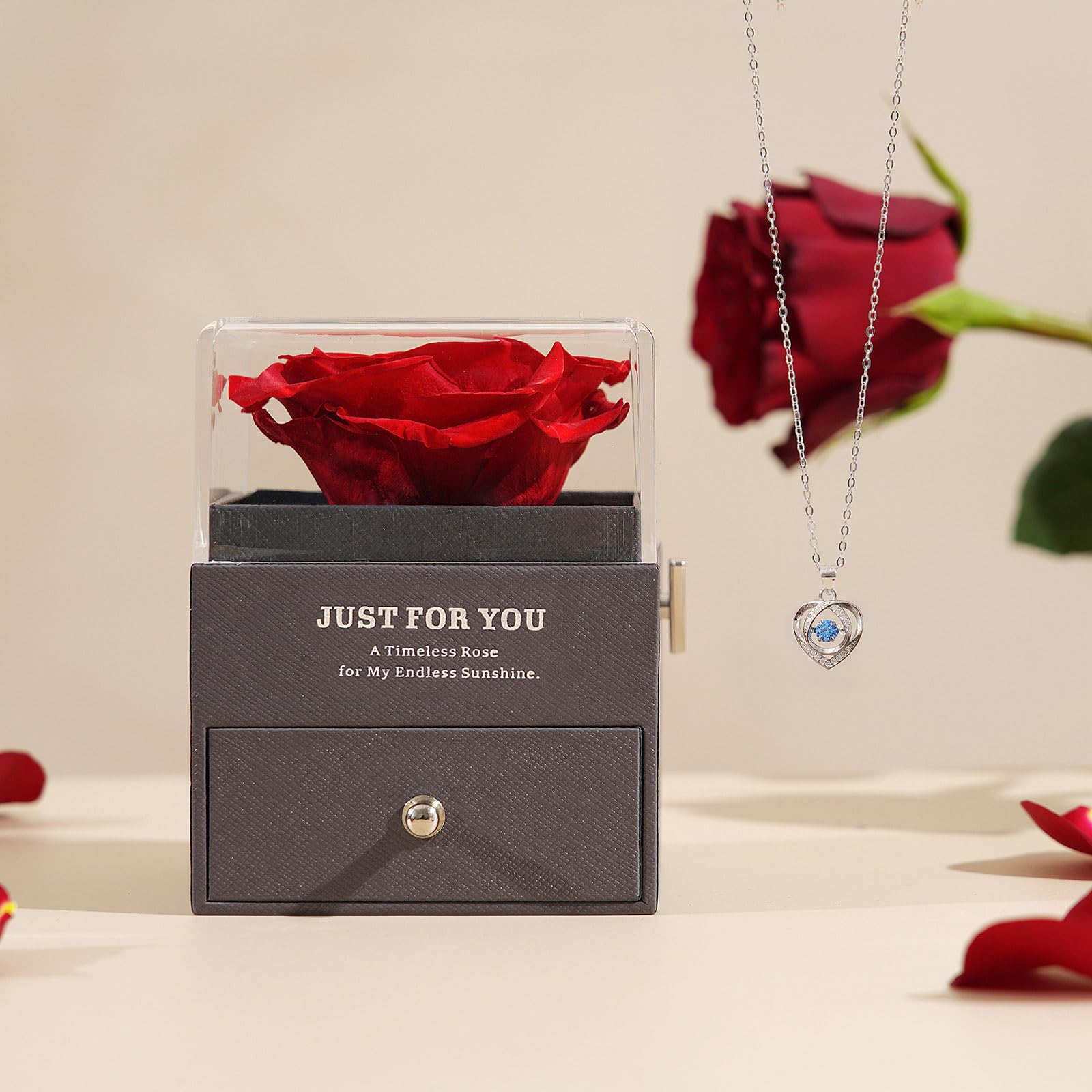 ADDWel Regalos Originales para Mujer Día de la Madre y el Sant Jordi, Rosa Eterna Natural Preservada con Collar en Caja de Música, Regalo Romántico para Novia, Esposa o Mamá Cumpleaños o Aniversario