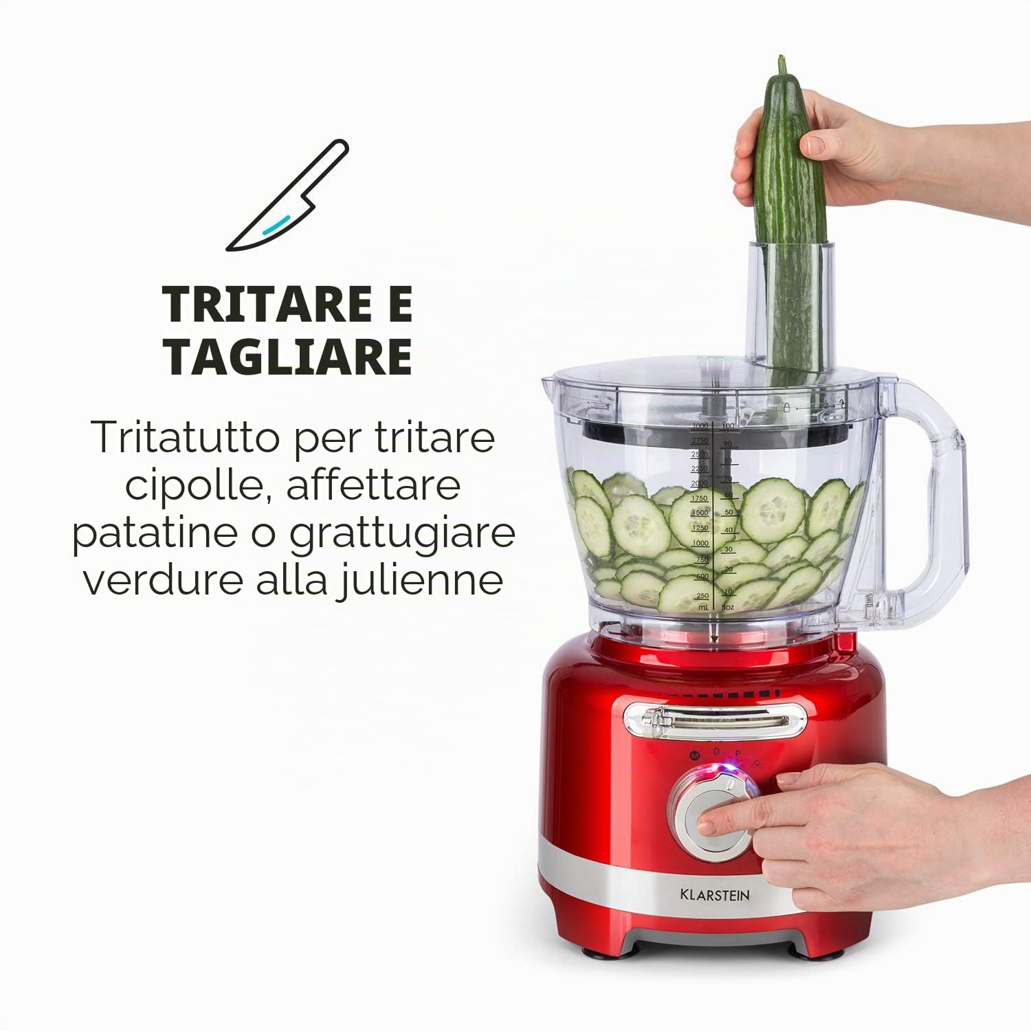 Klarstein Luca - Mixer Multifunzione, Food Processor, 1000 Watt, Regolazione Libera, 6 Modalità, Senza BPA, 3 L, Misurino da 3 l, Spatola, Rosso