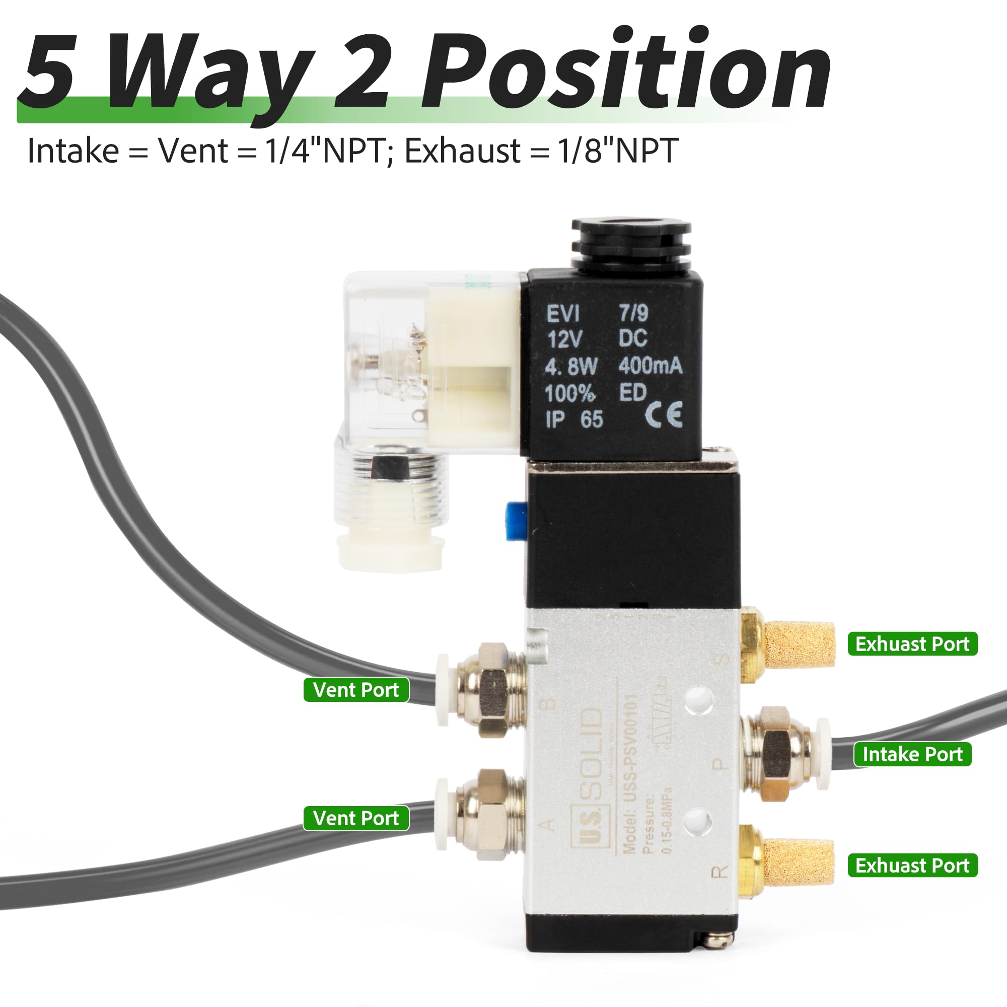 U.S. Solid Válvula solenoide neumática normalmente cerrada de 5 vías, 2 posiciones, CC 12 V, puerto de aleación de aluminio de 0.25 pulgadas, con accesorios, silenciadores, cinta PTFE