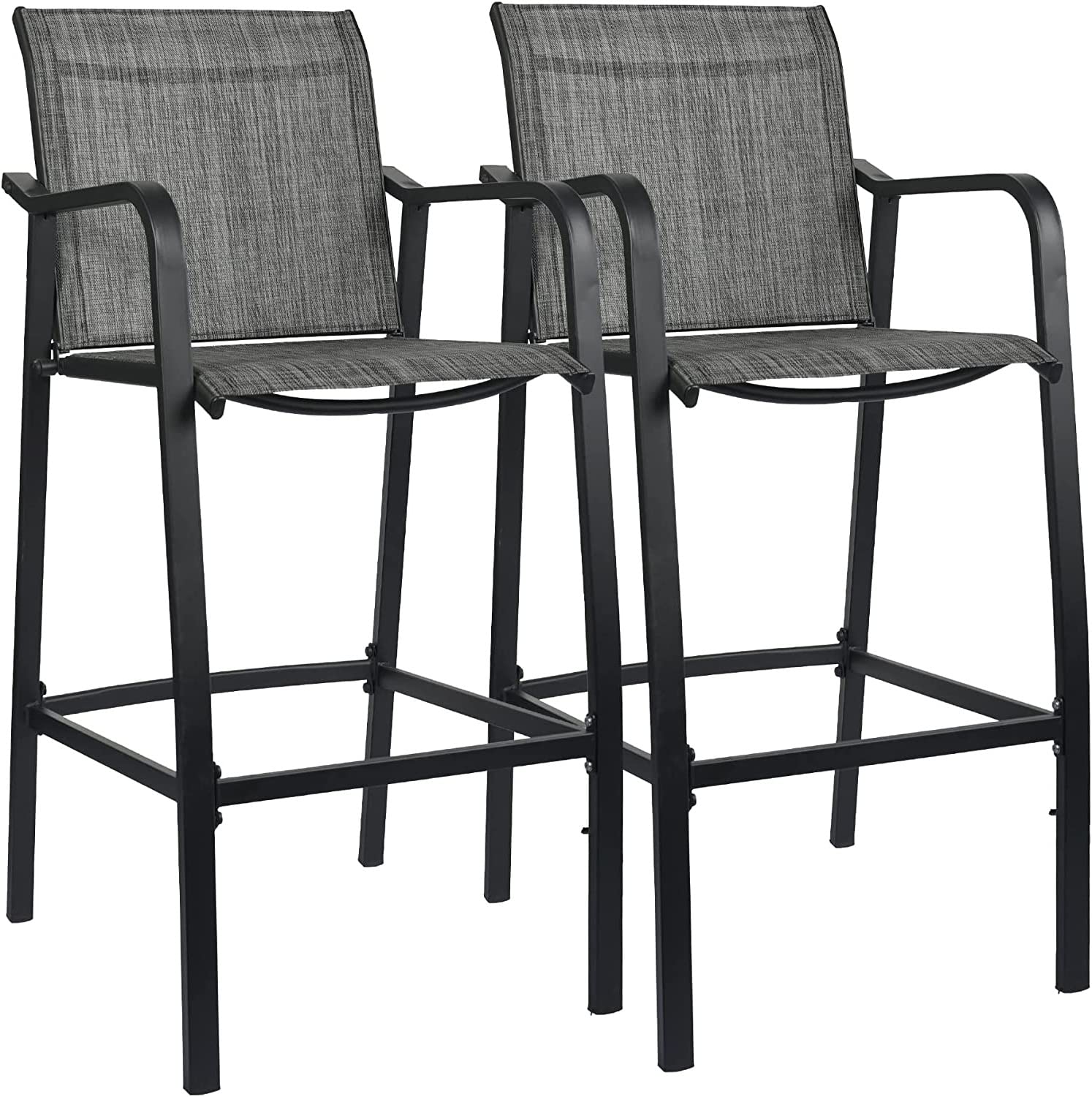 Sundale Outdoor Patio Bar Stools Set of 2, Metal Counter Height Barstool, Patio Textilene Tall Chairs with Arms Backs, High Top Seating for Porch Deck Yard Poolside- Gray