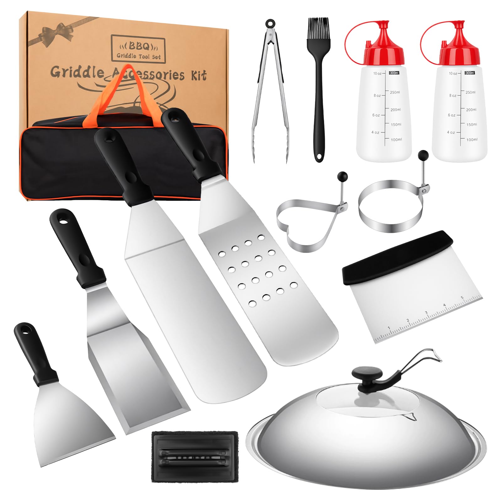 Barbecue Accessories Kit 14 PCS – Extra Thick Stainless Steel BBQ Tool Set with Spatula, Tongs, Burger Press & Basting Brush – Complete Griddle Utensils Gift for Outdoor Cooking & Men