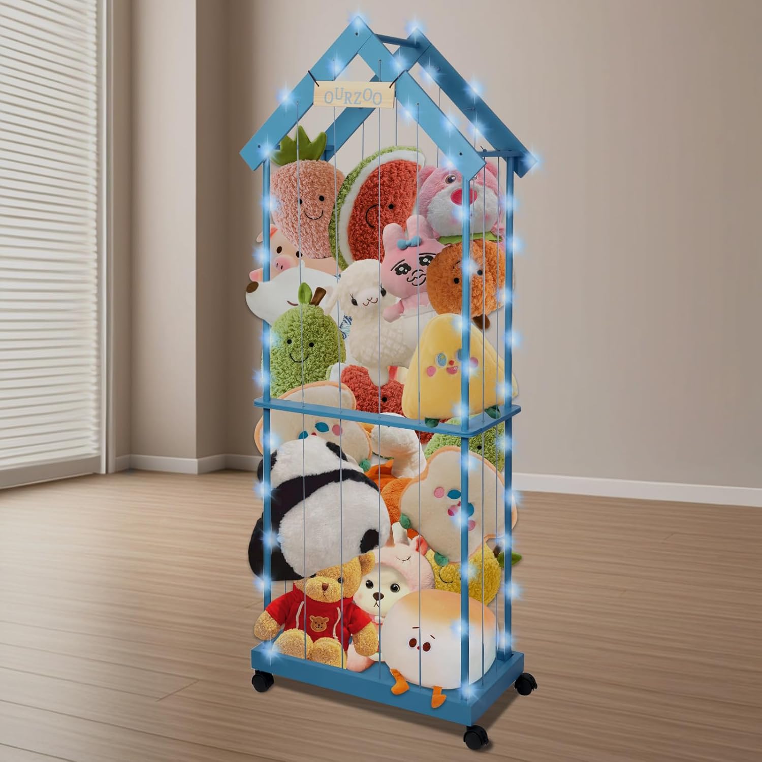 Stuffed Animal Storage, Stuffed Animal Holder With Wheels Zoo Wooden Toy Storage Organiser Large Plush Cage with Ropes and Light String for Nursery Playroom Bedroom, Blue,(excluding battery)