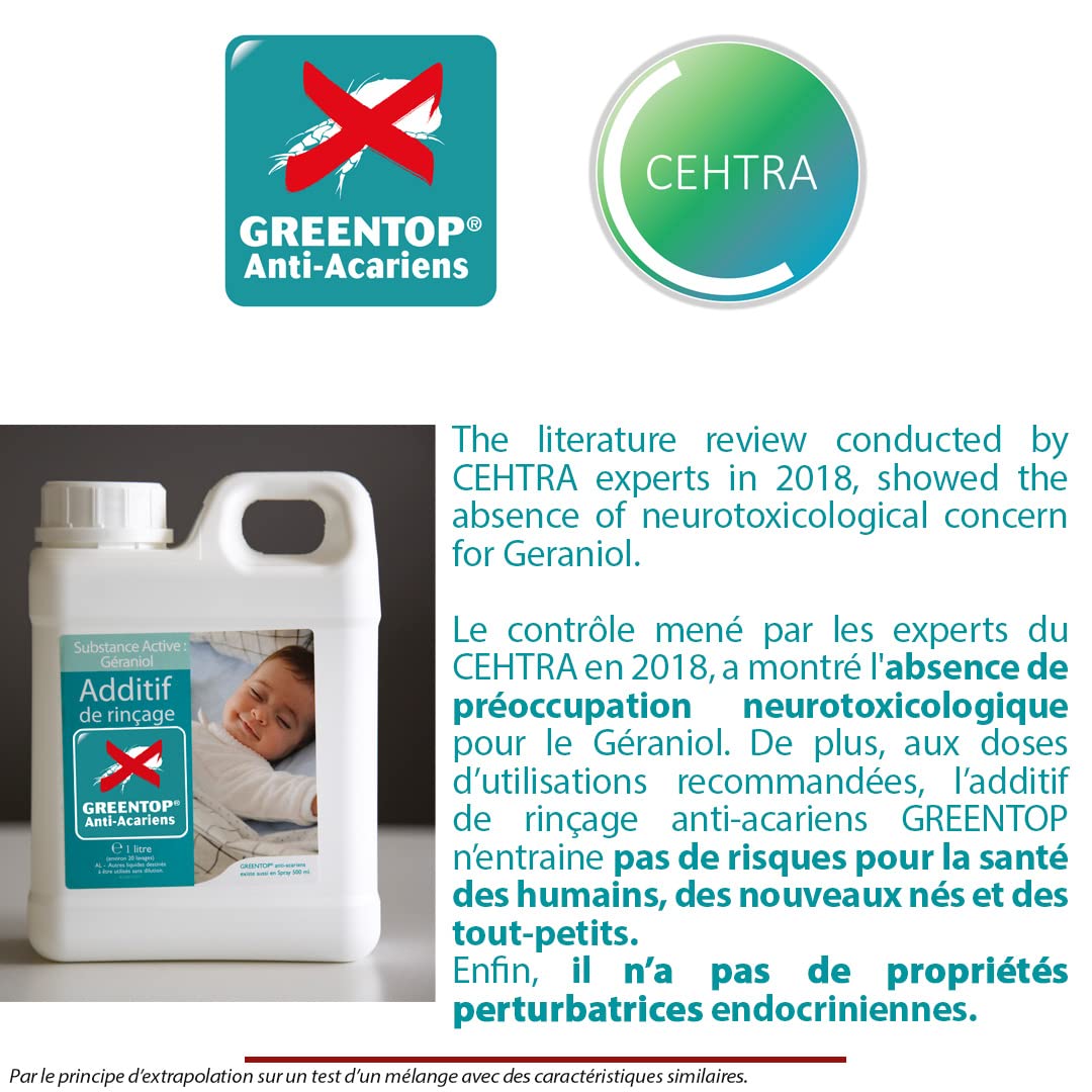 Greentop, Additif de Rinçage Anti-Acariens pour Textiles, 1L, Actif d'inspiration Végétale Non Neurotoxique, Adapté aux Nourrissons