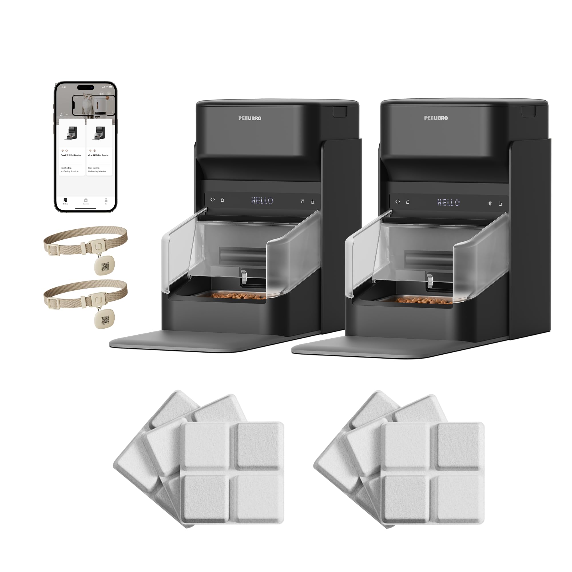 2 Packs PETLIBRO RFID Automatic Cat Feeder with 12 Packs Pet Food Desiccant Bag, Collar Sensor for Personalized Meals, Wi-Fi Programmable Food Dispenser with Cats Recognition & Diet Tracking