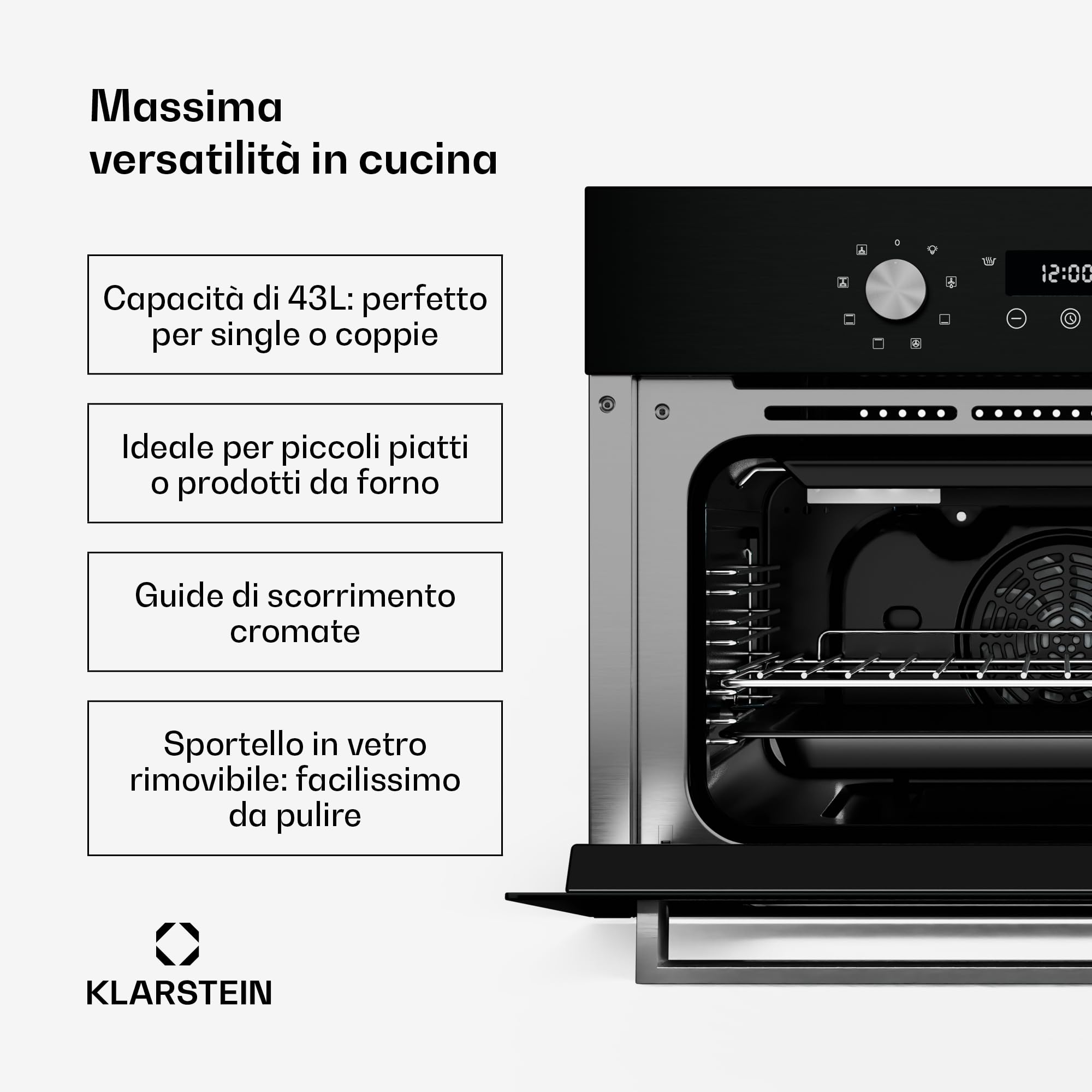 Klarstein SpaceSmart - Forno da Incasso, 41L, 8 Funzioni, Pulizia a Vapore, Timer Digitale, Forno Elettrico Ventilato, Sportello a Doppio Vetro Rimovibile, Classe Energetica A, Design Compatto