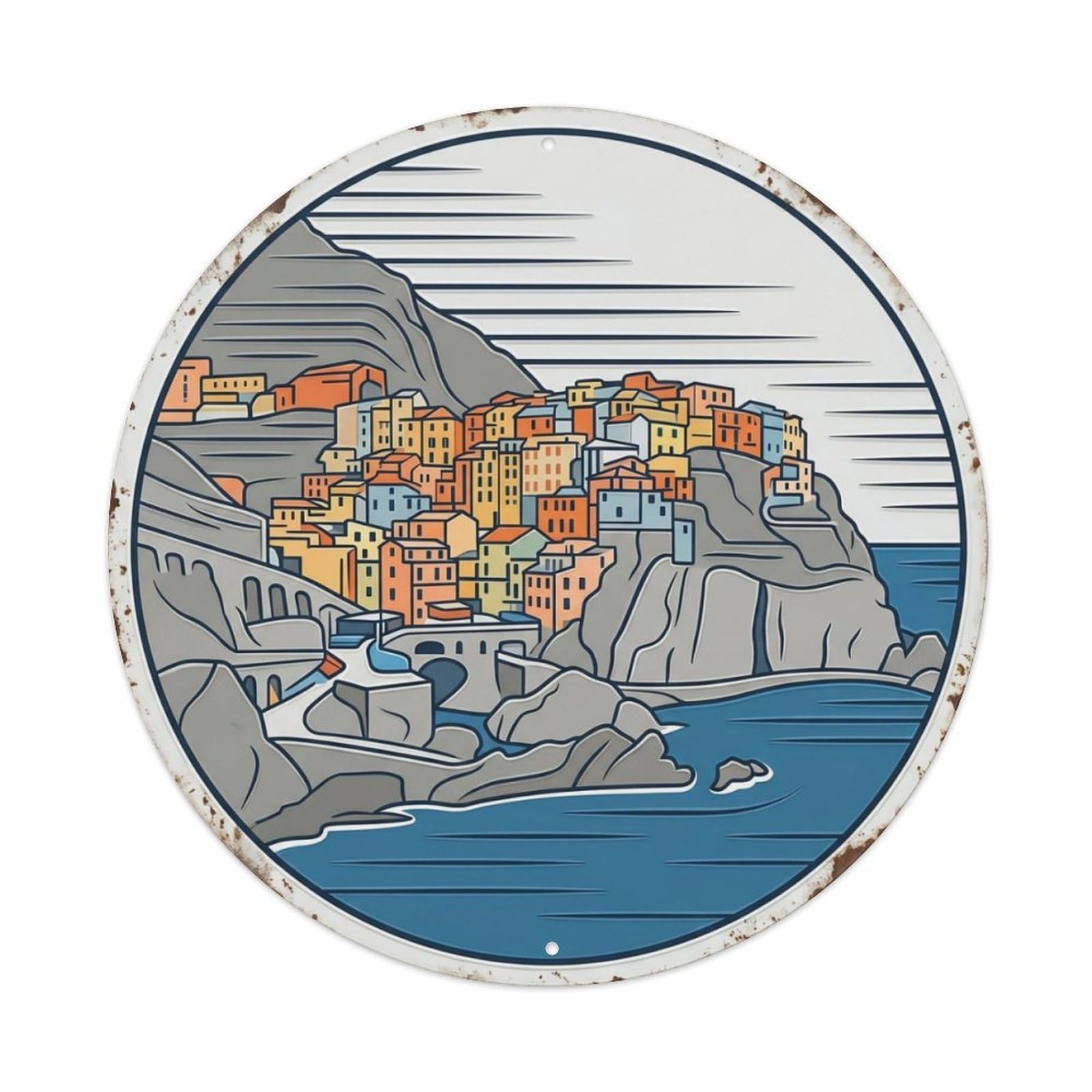 Cinque Terre Streamline Village Travel Metal Tin Sign Plaque Wall Decor for Cafe, Club Bar, Office, Home Garden Round Metal Poster 8x8Inch