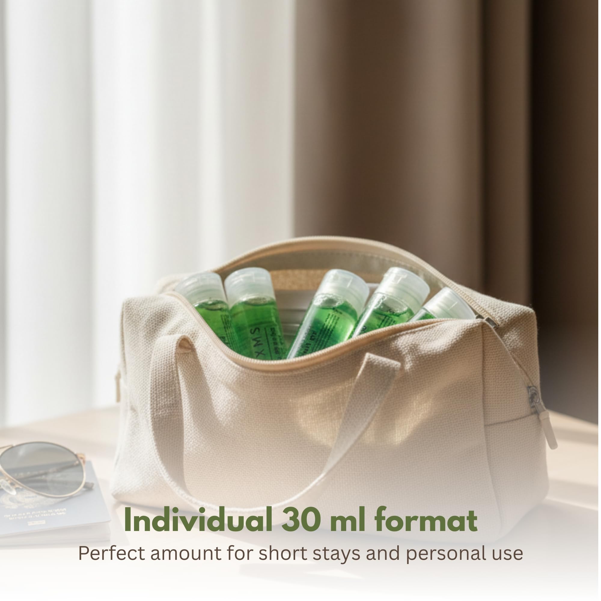 50 Botellitas Gel de Ducha 30 ml – Amenities baño monodosis para huéspedes, higiene corporal, formato viaje, pack hotel, apartamentos turísticos, kit bienvenida, reposición rápida