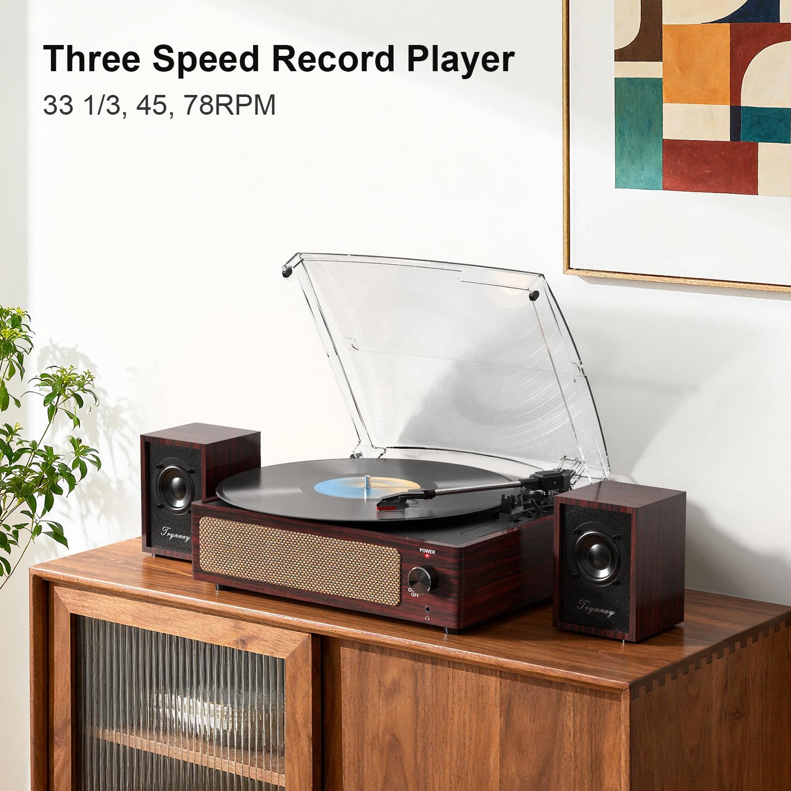 Trynnay Gramofon z pasywnymi głośnikami regałowymi, gramofon Bluetooth do płyt gramofonowych, 3 prędkości, bezprzewodowe wejście AUX, gniazdo słuchawkowe i funkcja automatycznego zatrzymania