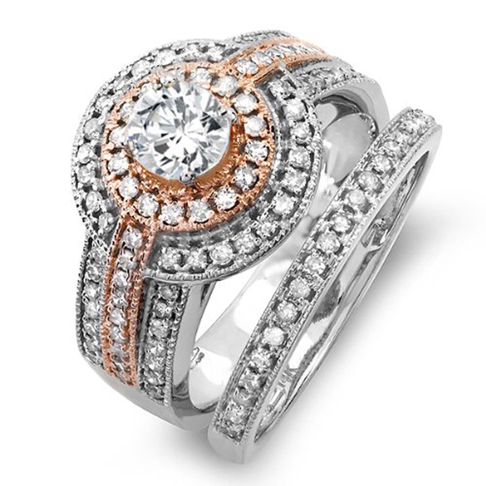 Dazzlingrock Collection1.15 Carat (ctw) 14K Two Tone Real Round Diamond Engagement Bridal Ring Set with Matching Band, Rose Gold