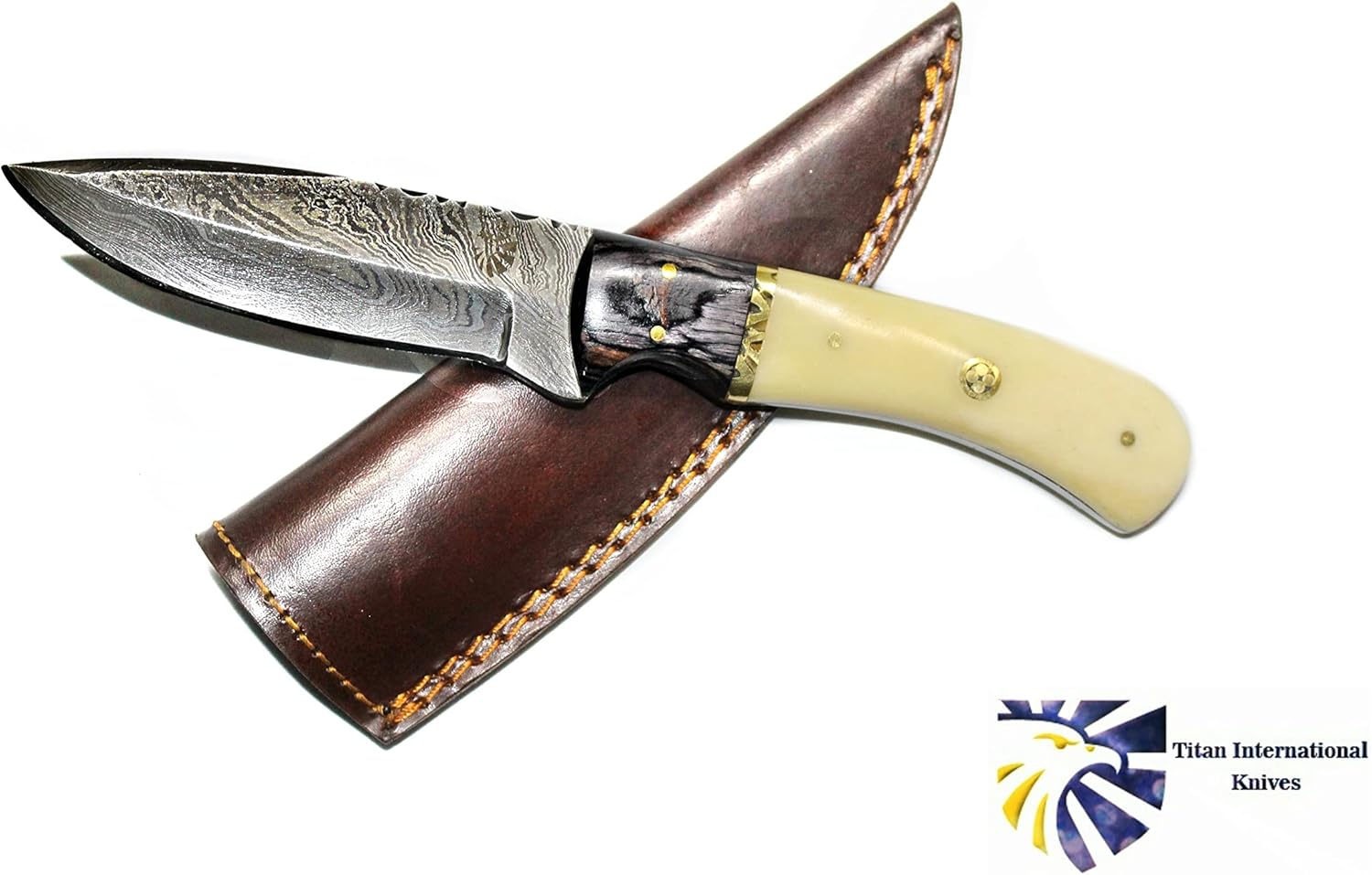 Titan International Knives Damascus Hunting and Camping Knife | Handmade 1095 4340 Carbon Mix Hand Pounded | Fixed Blade Diamond Wood and Camel Bone Handle with Leather Sheath