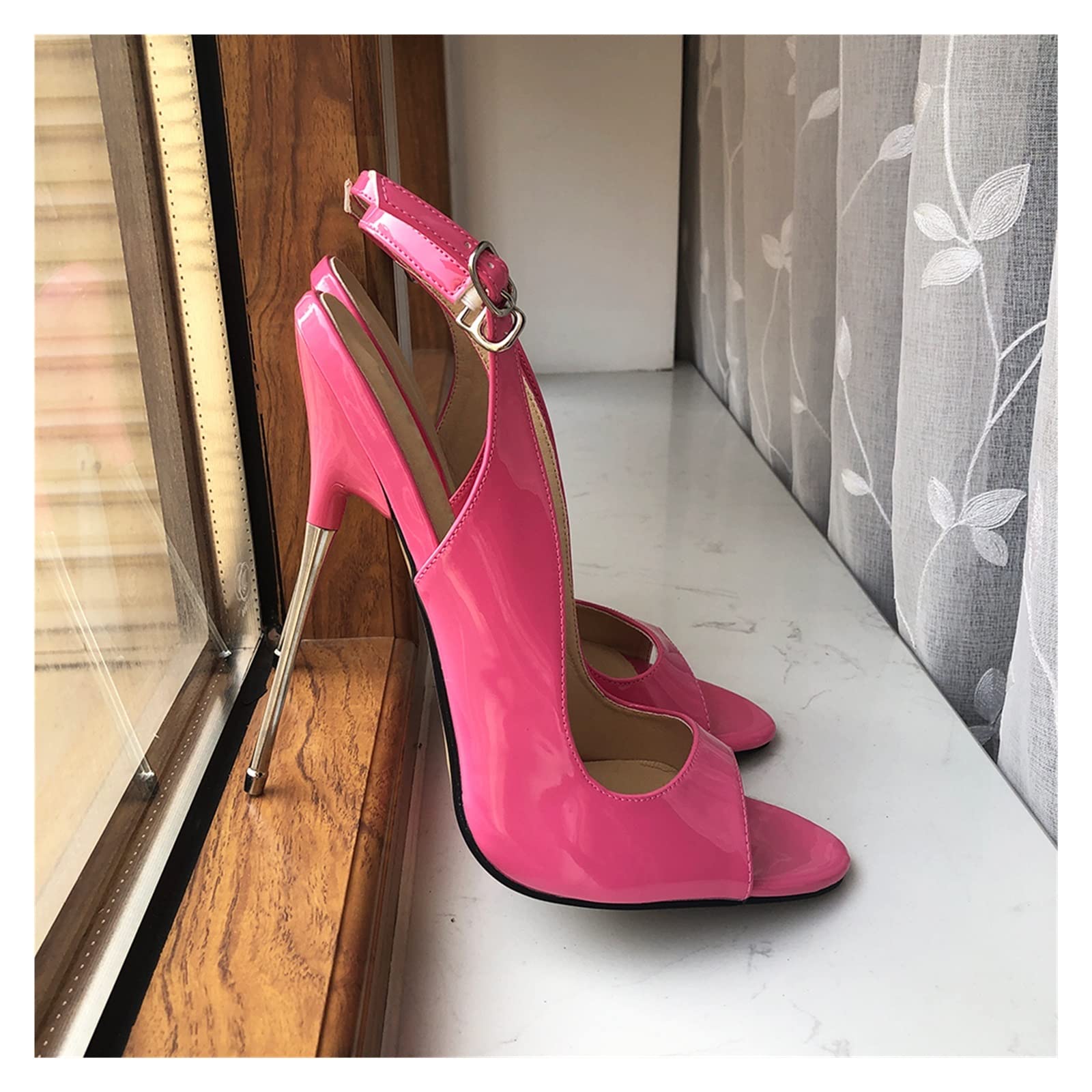 YOGISU High Heels, Sturdy Metal Women's High Heels Sandals Open Toe Summer Heels  Heels Cute Patent Leather Dress Black Red Pink Shoes (Color : Dark blue,  Size : 39): Buy Online at