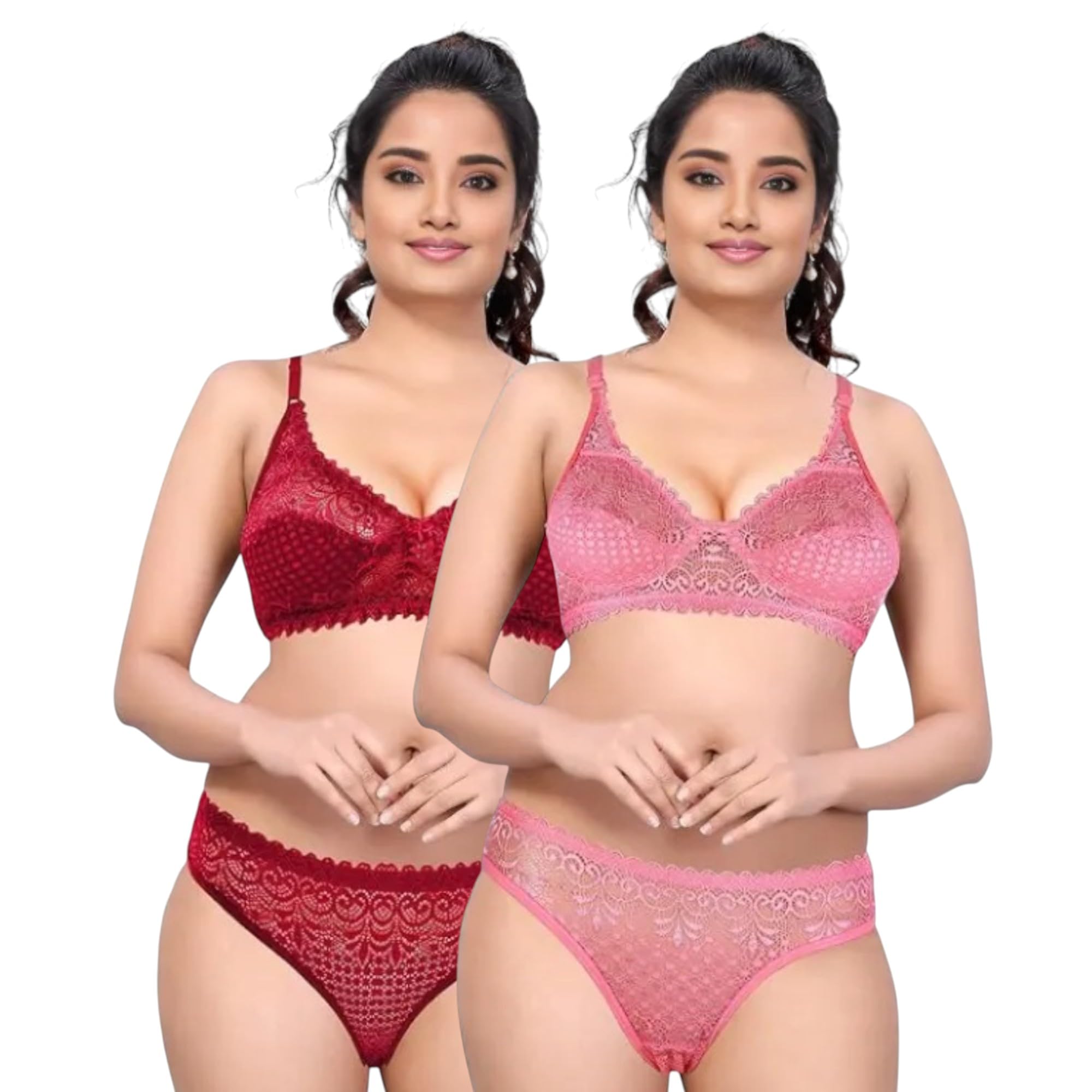Lace Non Padded Bra Panty Set Pack of 2 | Women Soft Fabric | Wire-Free Lingerie | Elegant Design-image-14