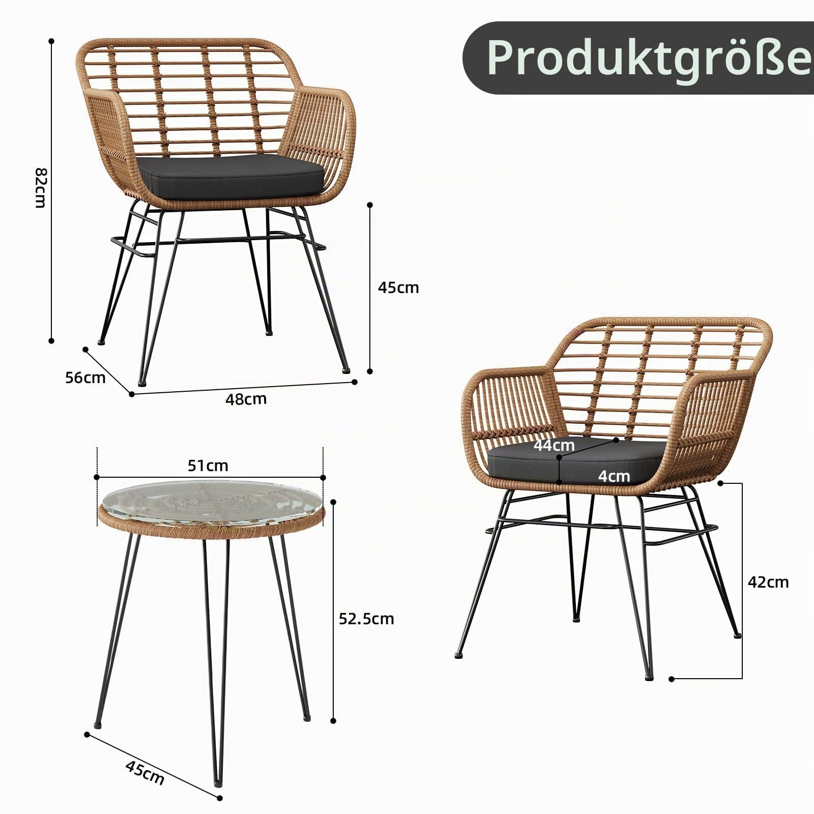 3-teilig Rattan Balkonmöbel Set, 2 Stühle mit Sitzkissen + Glastisch, Braun | Wetterfestes, Abnehmbare Dicke Sitzkissen, Gehärteter Glastisch, Nutzbar für Terrasse, Garten, Innen und Außenbereich