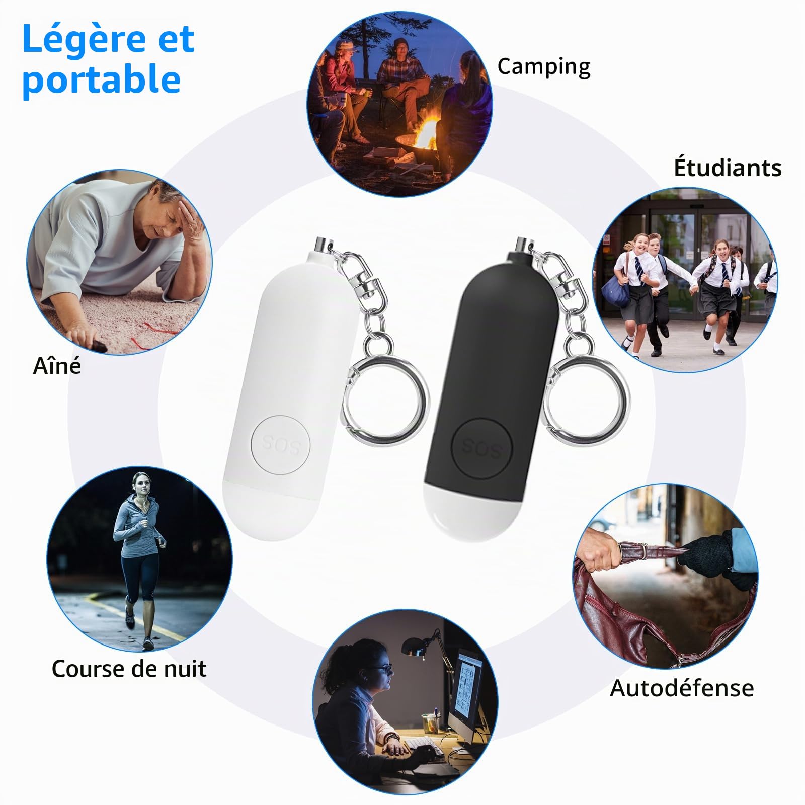 Alarme de Poche Rechargeable, Auto-défense Personnel Indispensable avec Une Sirène Anti-agression de 130 DB et Lumière LED, pour Femmes, Enfants et Personnes agées