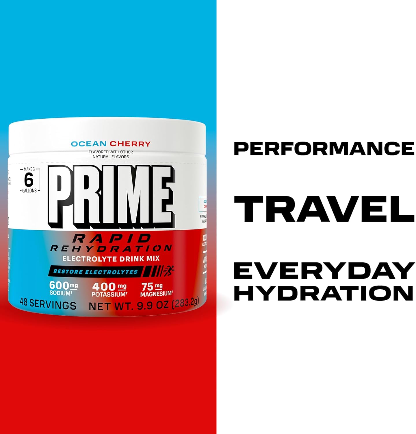 Prime Rapid Rehydration Electrolyte Powder, Ocean Cherry, Sugar Free Hydration Drink Mix with Sodium, Potassium, Magnesium & B Vitamins to Replenish Fluids, Caffeine Free, 6 Gallon Tub, 48 SRV